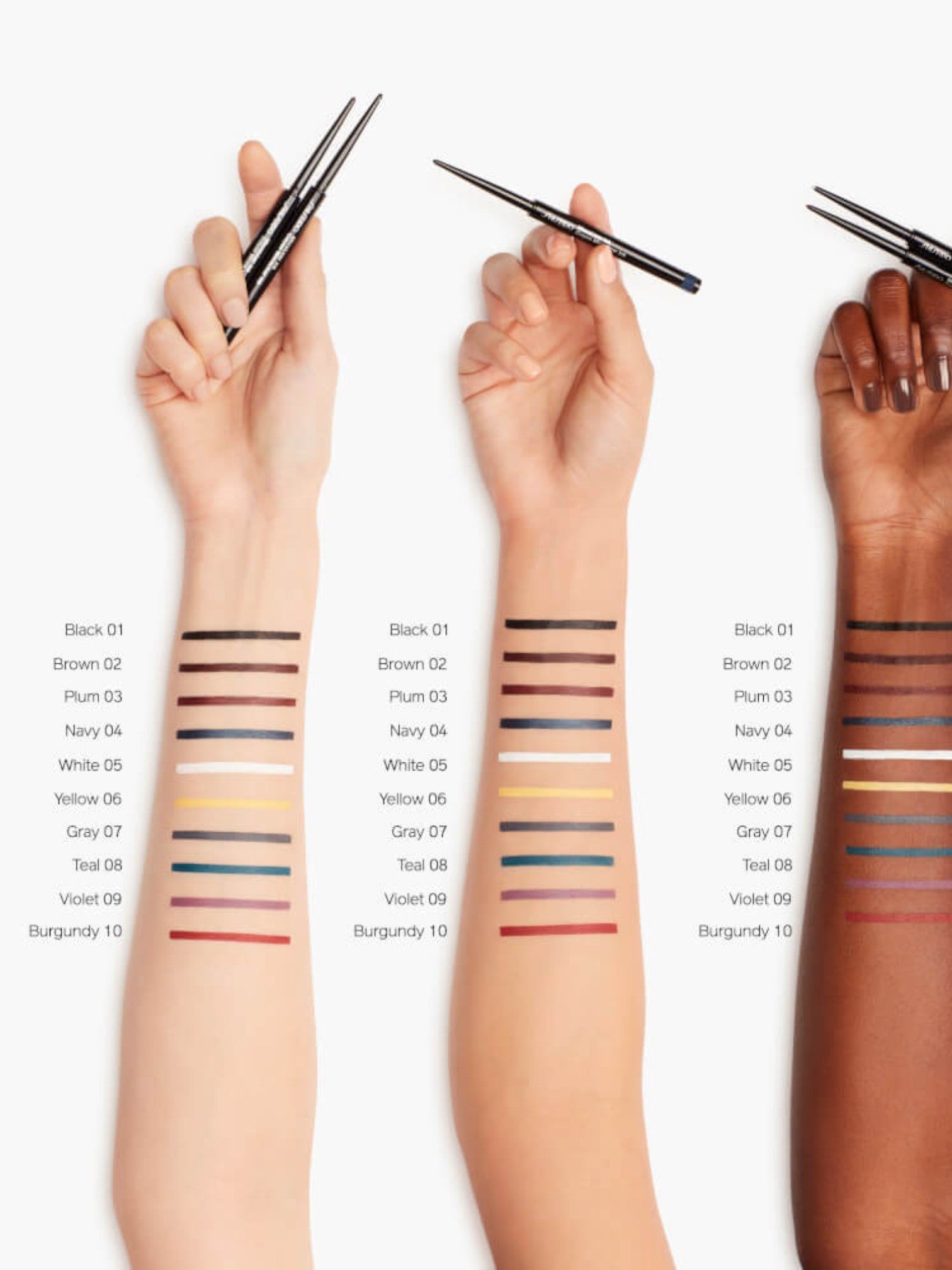 Color swatches on skin with makeup brushes, showing a range of colors. Shiseido, Monza Outlet, Monza Fashion, Shein Outlet