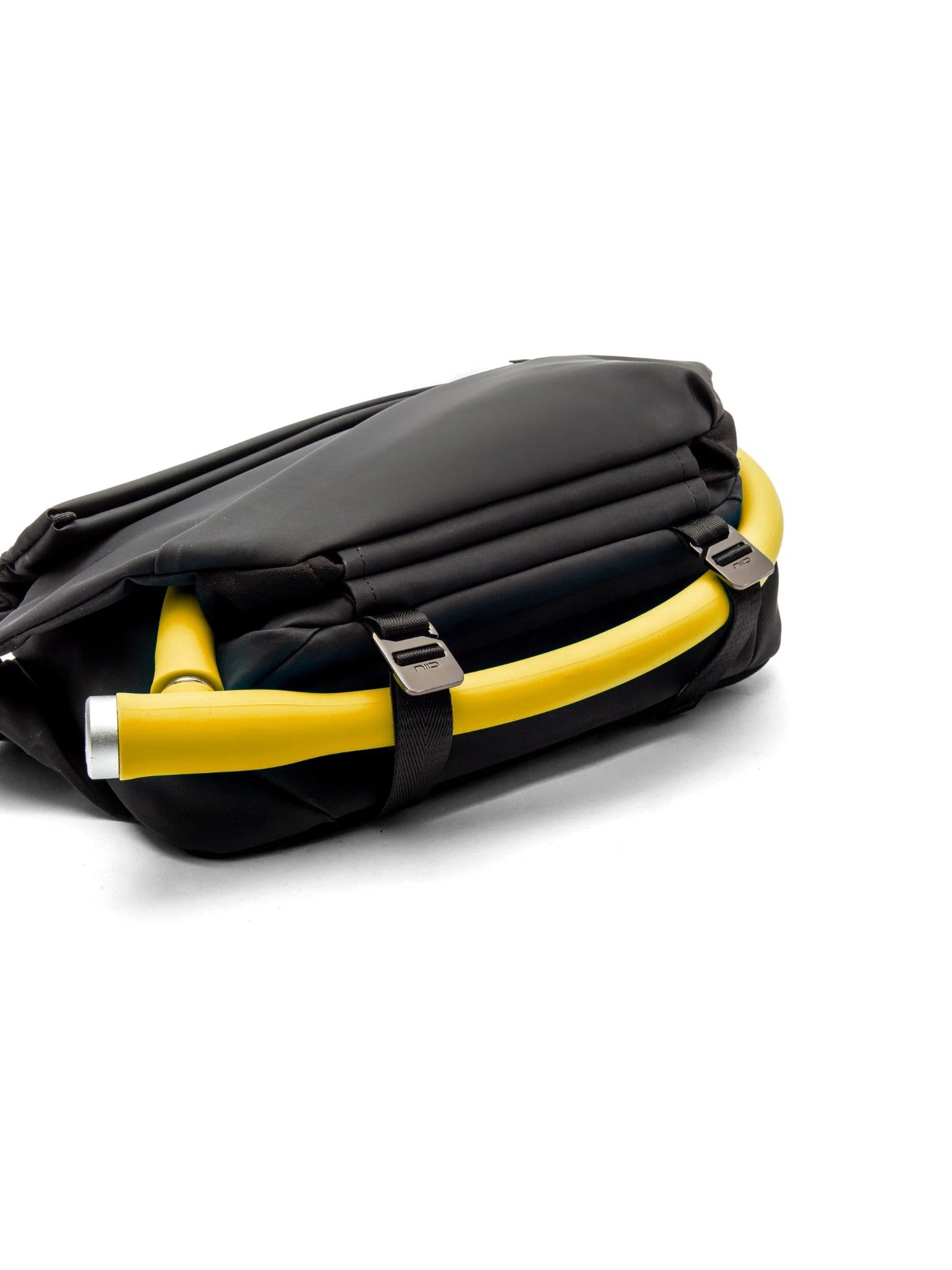 A black backpack with bright yellow structural handles and silver metal buckles, shown on a clean white background. NIIDR, Monza Outlet, Monza Fashion, Shein Outlet
