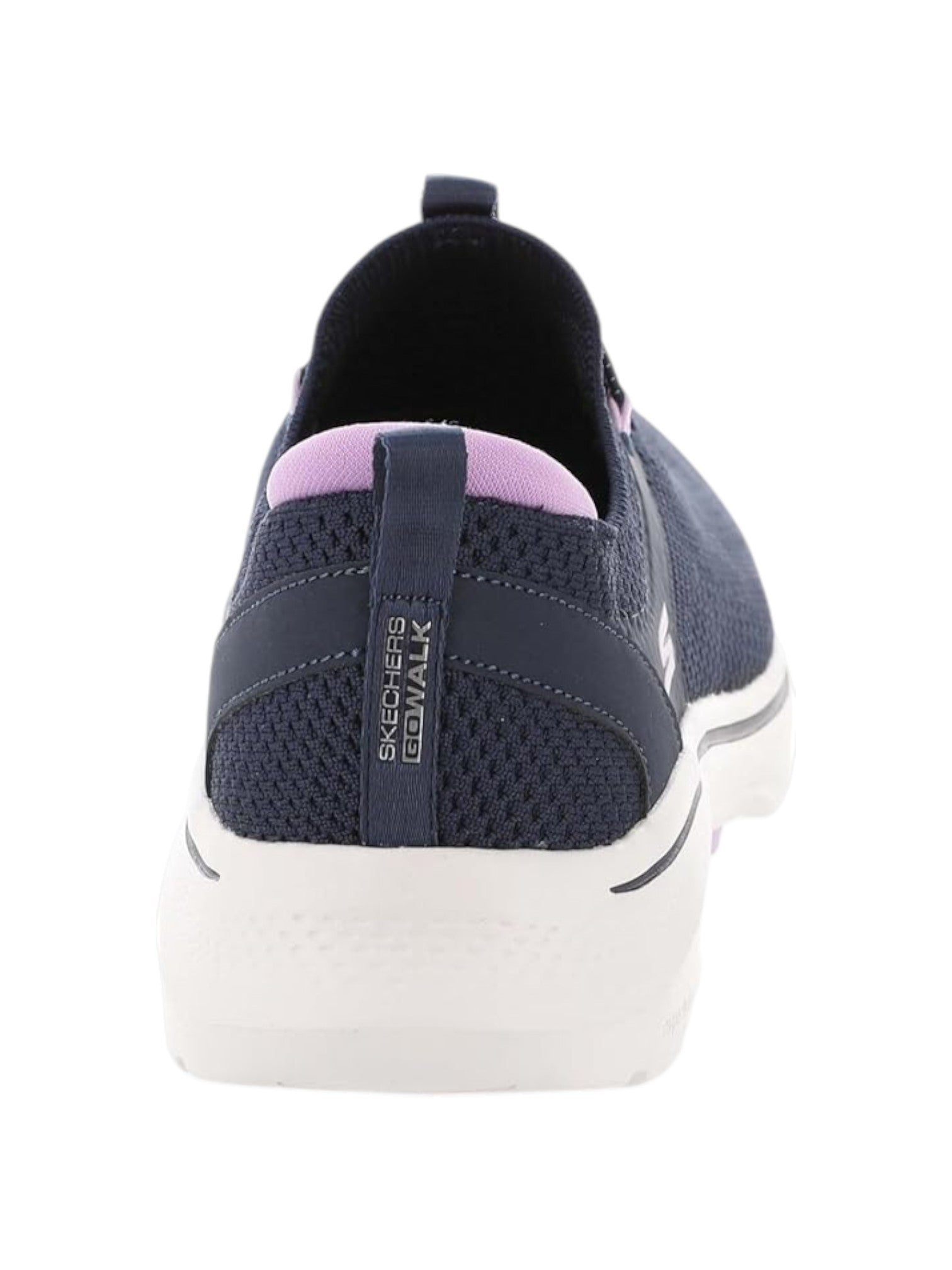 Navy slip-on shoe with pink accents on a white background. Skechers, Monza Outlet, Monza Fashion, Shein Outlet