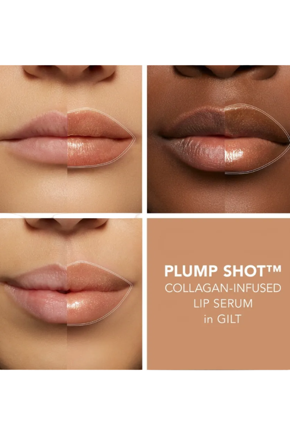 Collage of lips with and without lip serum, featuring 'PLUMP SHOTTM' lip serum in GILT. Monza fashion outlet, monza outlet, shein outlet, shien outlet cosmetics, makeup, perfume