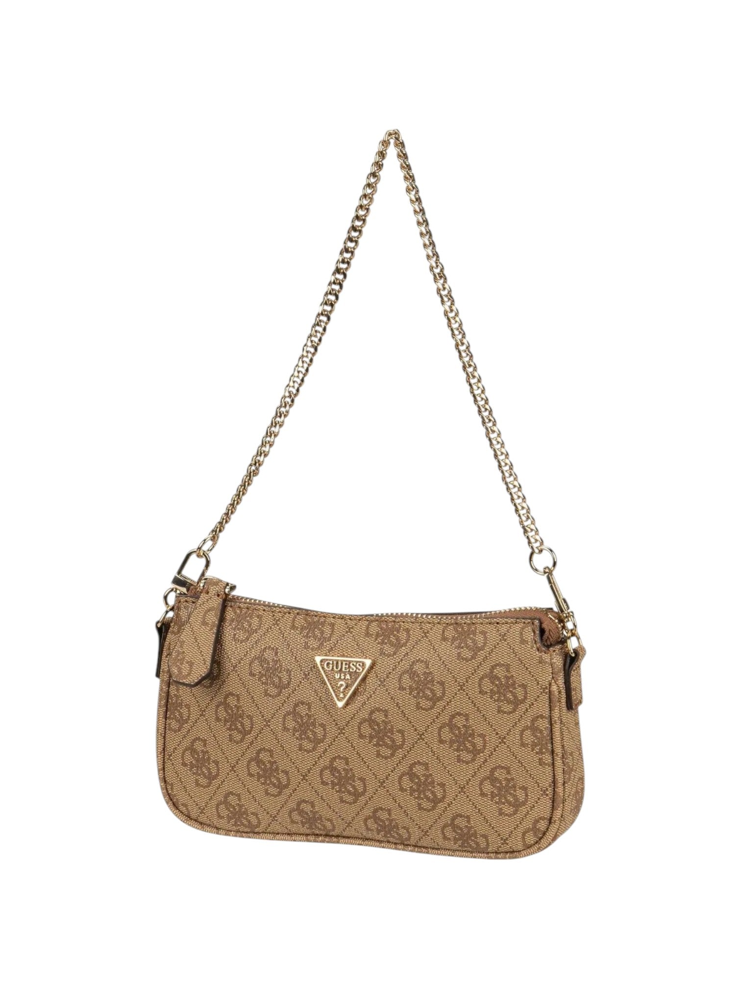 Brown handbag with chain strap on a white background. Guess, Monza Outlet, Monza Fashion, Shein Outlet