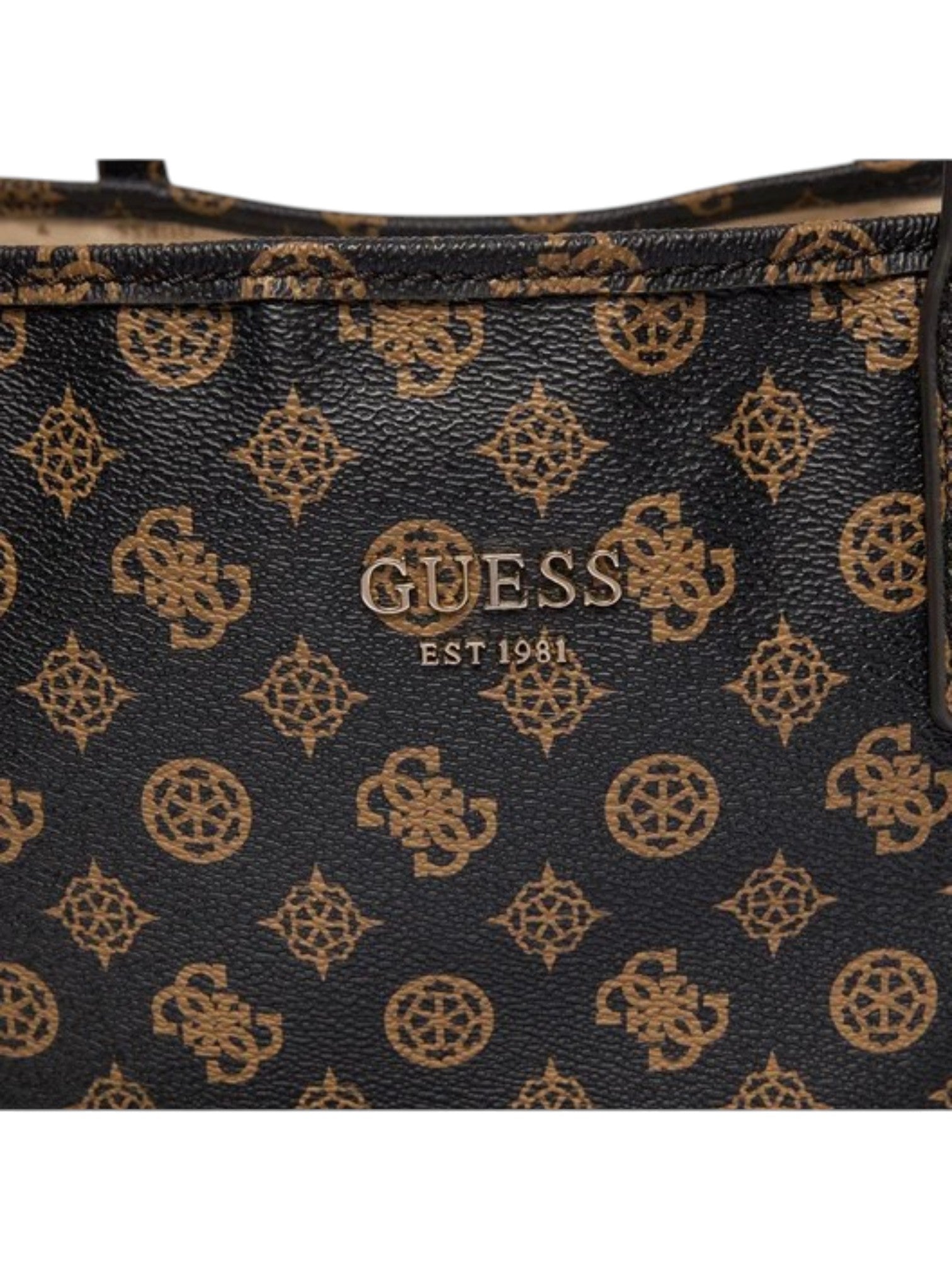 Close-up of a Guess handbag with logo pattern on a black background. Guess, Monza Outlet, Monza Fashion, Shein Outlet