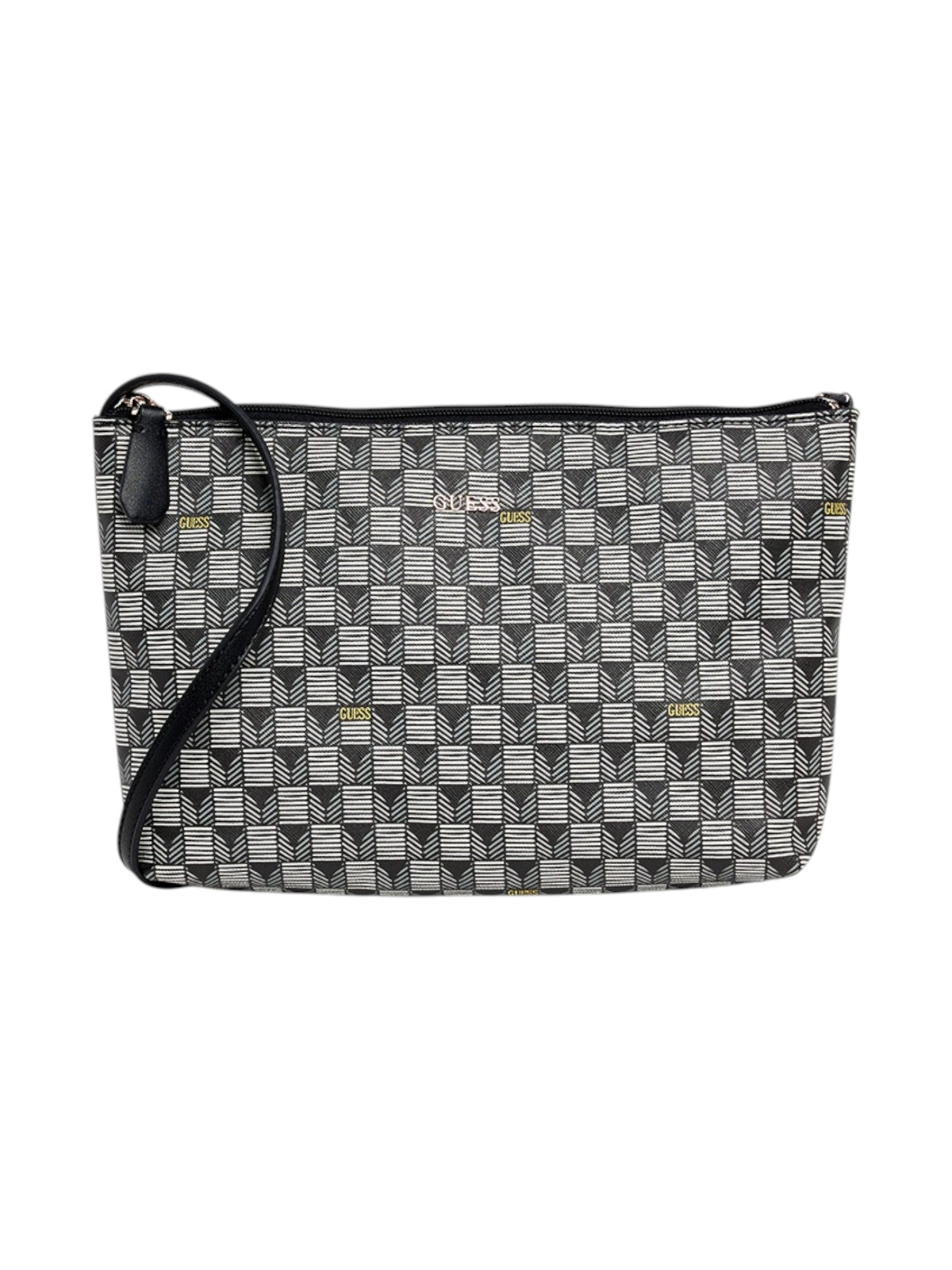 Patterned pouch with a black strap on a white background. Guess, Monza Outlet, Monza Fashion, Shein Outlet