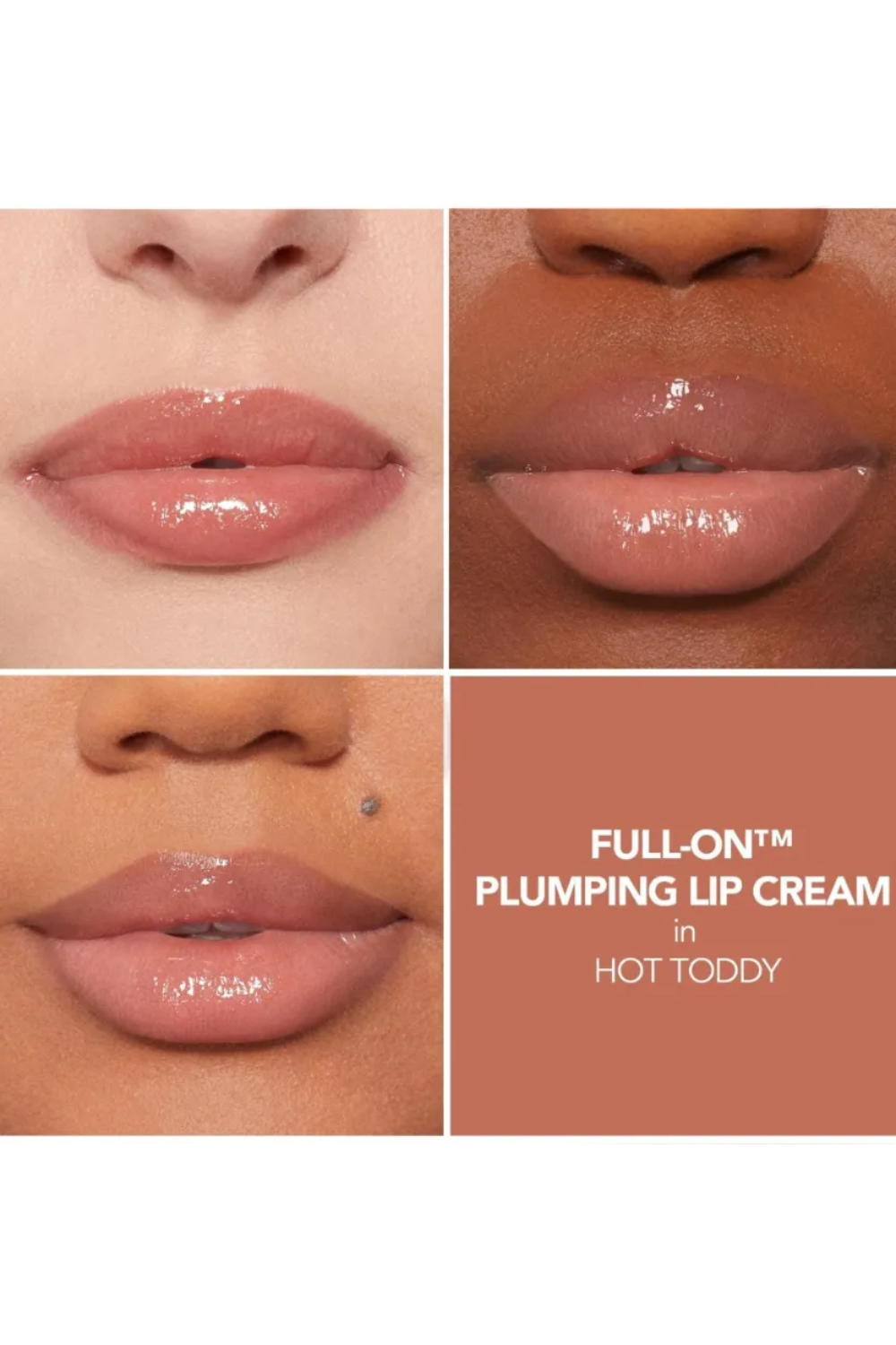 Collage of three close-up images of lips wearing a lip cream with 'Full-On Plumping Lip Cream in Hot Toddy' text on a brown background. Monza fashion outlet, monza outlet, shein outlet, shien outlet cosmetics, makeup, perfume