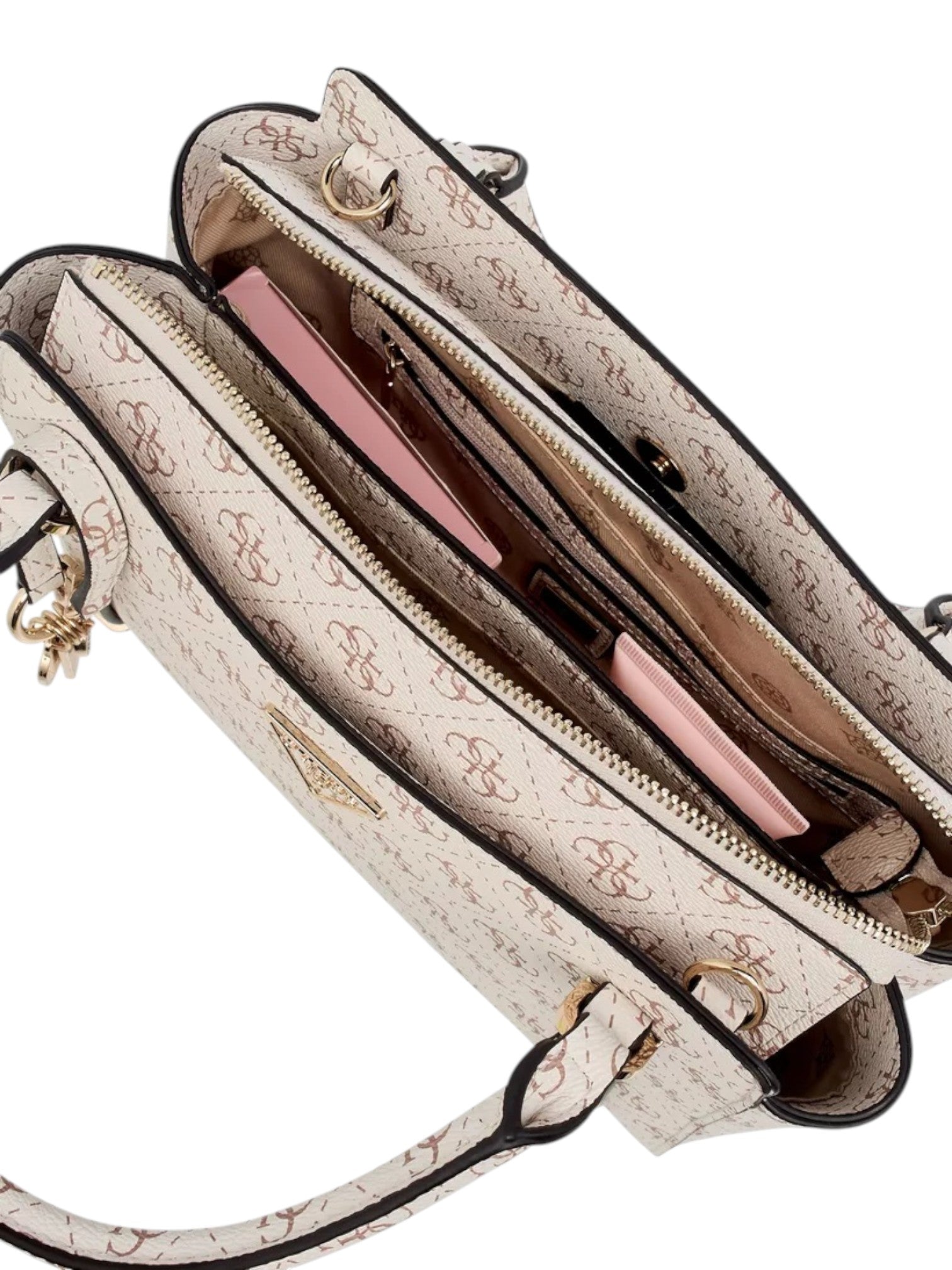 Open beige handbag with floral pattern on a white background. Guess, Monza Outlet, Monza Fashion, Shein Outlet