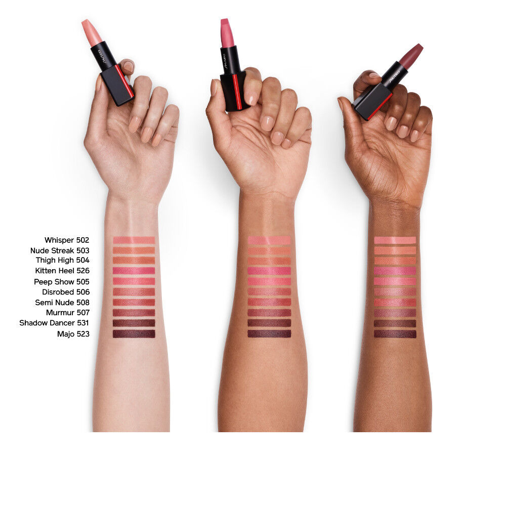 Three hands holding lipsticks with color swatches on arms against a white background. Shiseido, Monza Outlet, Monza Fashion, Shein Outlet