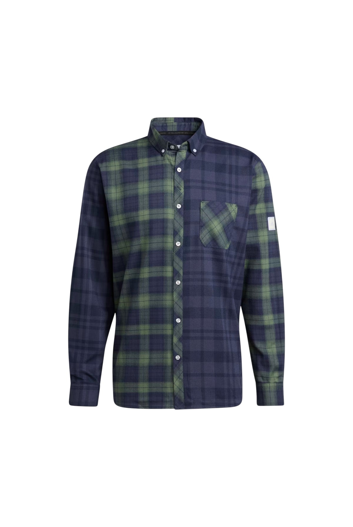 A men's long sleeve button down shirt featuring a split design: one half is a dark navy blue and green plaid pattern, and the other half is a solid navy blue. It has a single chest pocket and a small white brand label on the right sleeve. Adidas, Monza Outlet, Monza Fashion, Shein Outlet