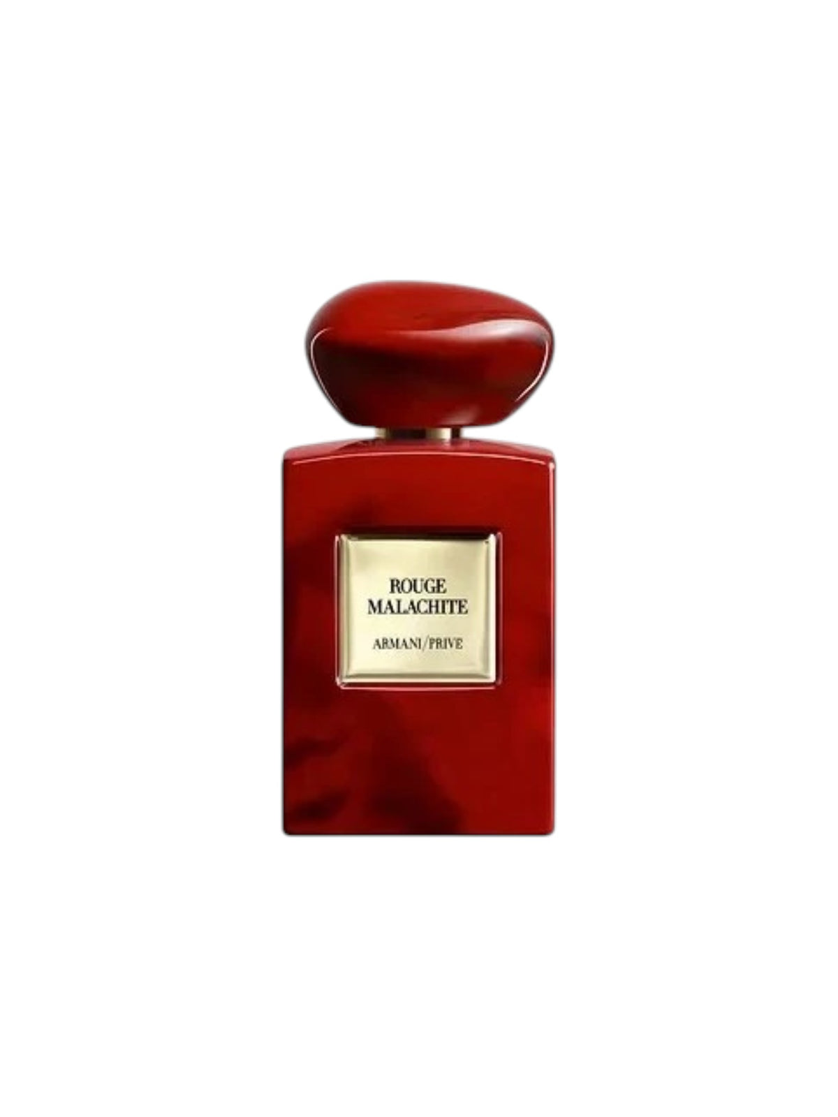 Armani Privé Rouge Malachite perfume bottle with a glossy red rectangular body, matching rounded cap, and a gold label on a plain white background. Armani, Monza Outlet, Monza Fashion, Shein Outlet