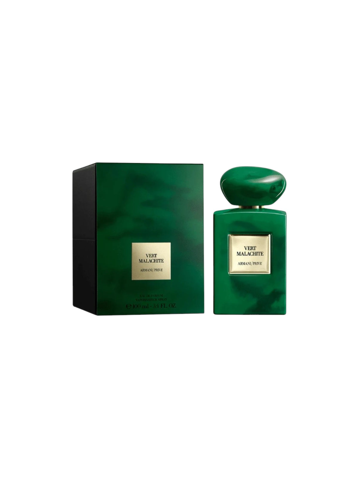 A green perfume bottle with a matching green cap stands next to its dark green box with a gold label, both labeled VIVI MOLARETTI ARABICE, on a plain white background. Armani, Monza Outlet, Monza Fashion, Shein Outlet