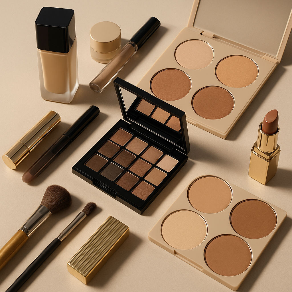 Makeup products including a foundation bottle, brushes, and color palettes on a beige background Monza fashion outlet, monza outlet, shein outlet, shien outlet cosmetics, makeup, perfume