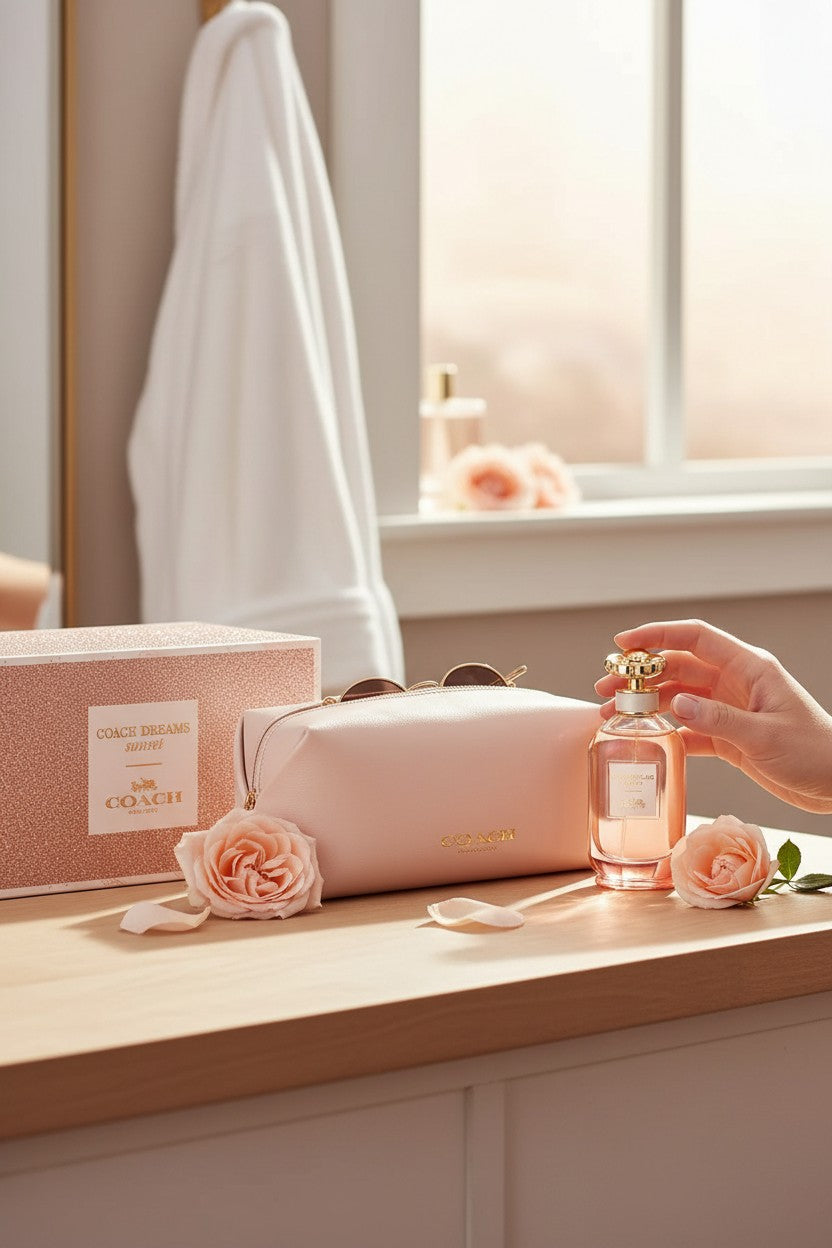 Guerlain Paris perfume gift set featuring a glittery rose gold box, a light pink zippered pouch, a pink glass perfume bottle, and a matching pink tube, displayed on a clean white background. Guerlain, Monza Outlet, Monza Fashion, Shein Outlet
