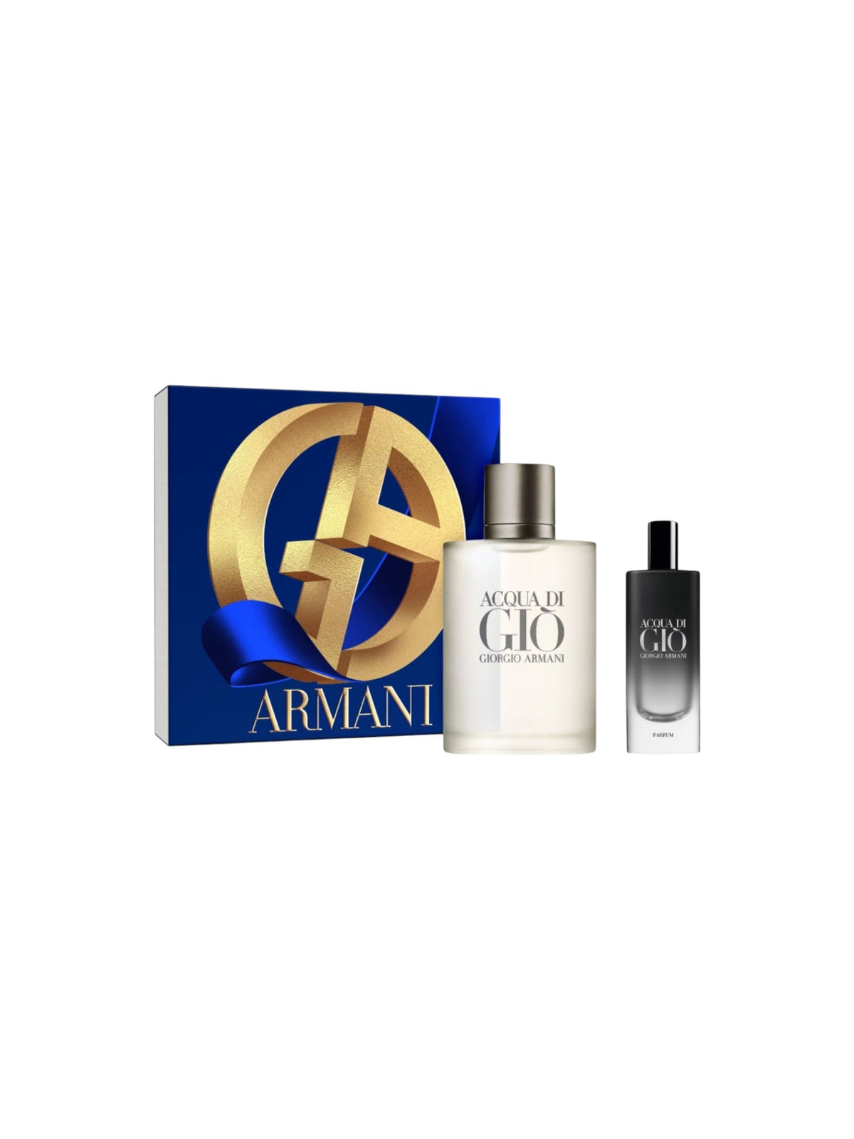 Giorgio Armani Acqua di Gio Eau de Toilette set featuring a large white bottle and a smaller black spray bottle, presented on a blue glitter background with gold borders. Giorgio Armani, Monza Outlet, Monza Fashion, Shein Outlet