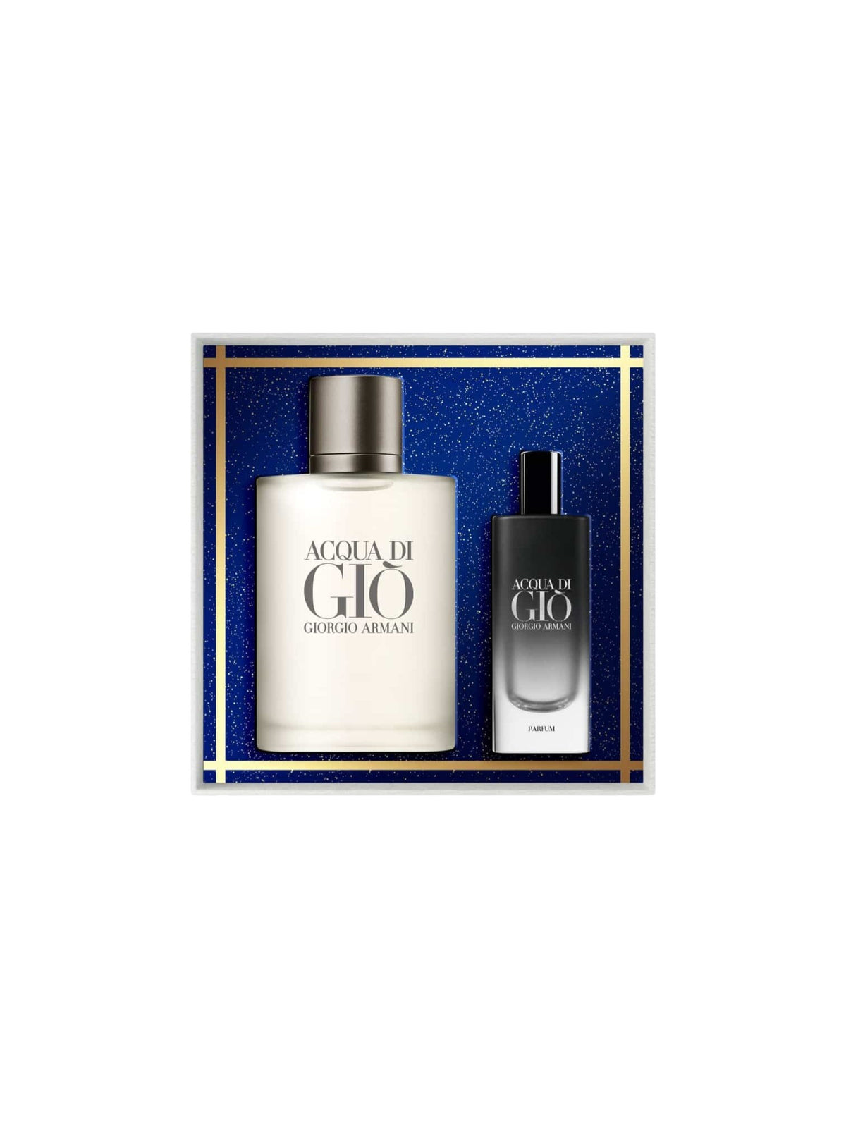 Giorgio Armani Acqua di Gio Eau de Toilette set featuring a large white bottle and a smaller black spray bottle, presented on a blue glitter background with gold borders. Giorgio Armani, Monza Outlet, Monza Fashion, Shein Outlet