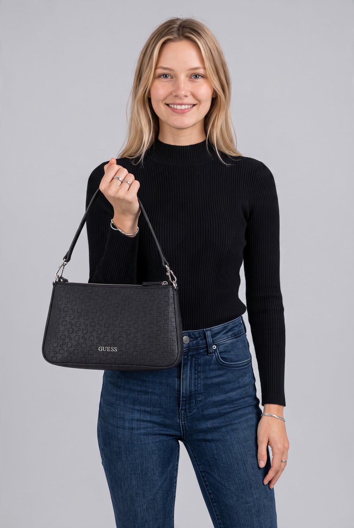 Guess Women’s Black Monogram Print Shoulder Bag