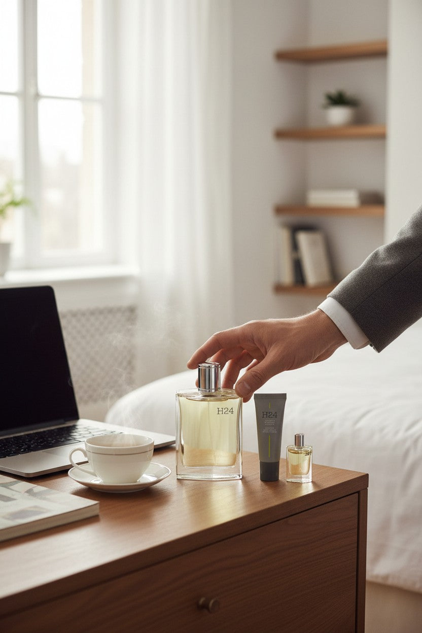 A hand in a gray suit sleeve reaches toward a clear glass perfume bottle labeled HON on a wooden bedside table, with a matching tube beside it in a softly lit bedroom setting. Hermes, Monza Outlet, Monza Fashion, Shein Outlet