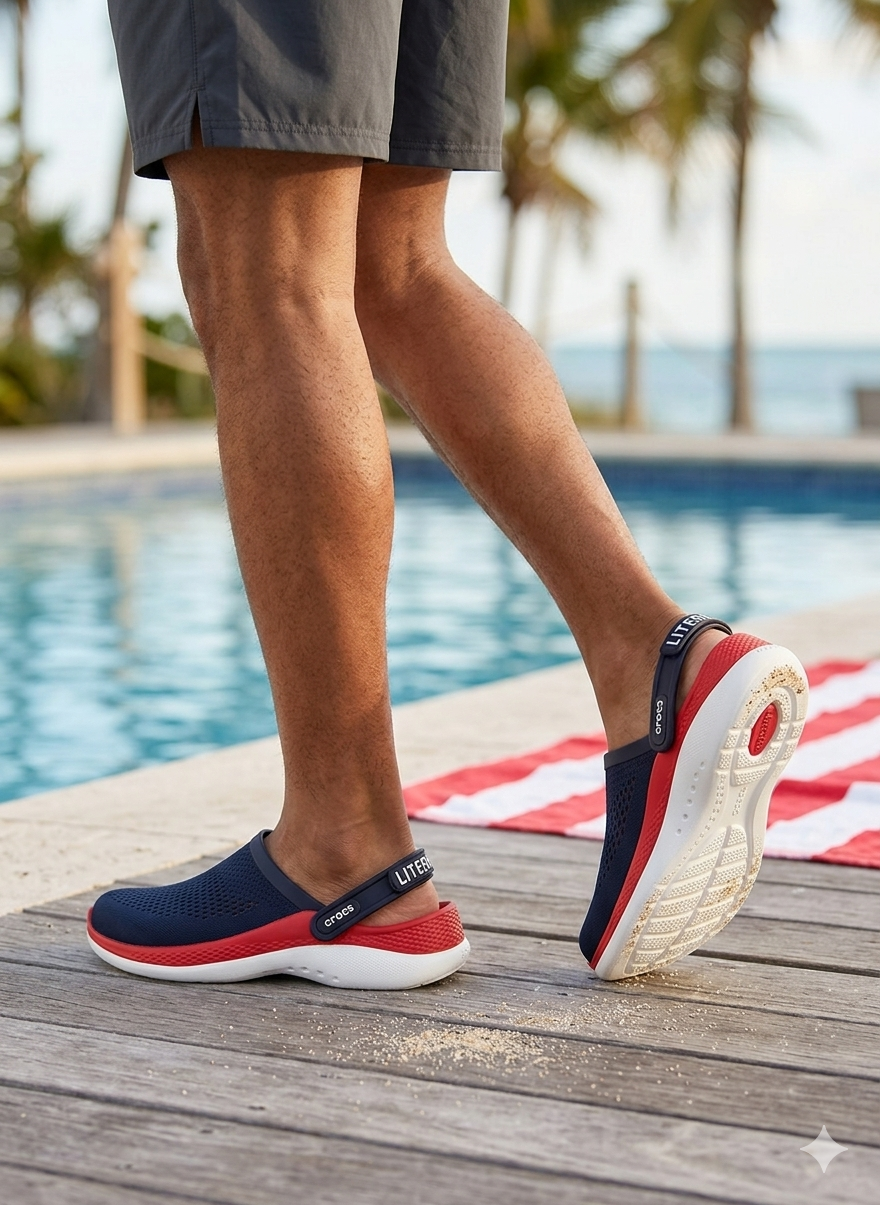 Person wearing navy and red sandals with white soles by a poolside. Crocs, Monza Outlet, Monza Fashion, Shein Outlet