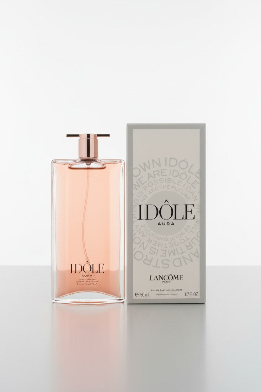 Lancome Idole Aura perfume bottle in a clear rectangular glass with pale peach pink liquid, standing next to its light gray packaging box on a reflective white surface. Lancome, Monza Outlet, Monza Fashion, Shein Outlet