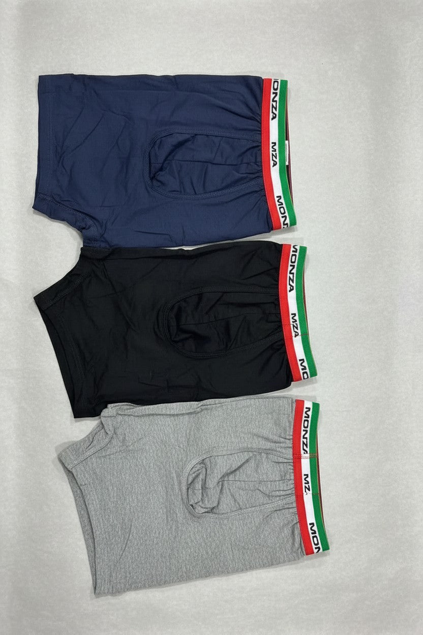 Monza Italy Luxe Stretch 3-Piece Men's Boxer Trunks– Black/Grey/Navy Blue- Green, White & Red Waistbands