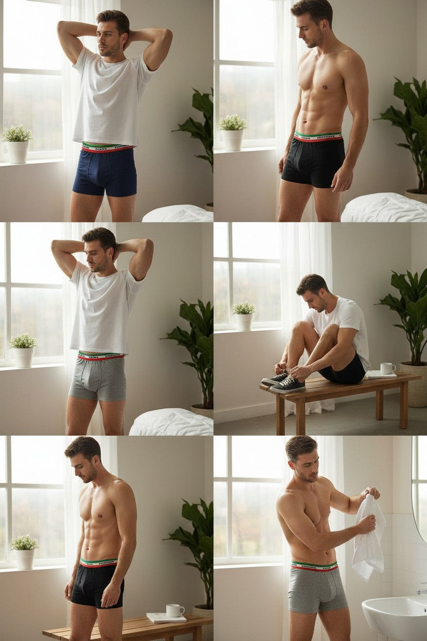 Monza Italy Luxe Stretch 3-Piece Men's Boxer Trunks– Black/Grey/Navy Blue- Green, White & Red Waistbands