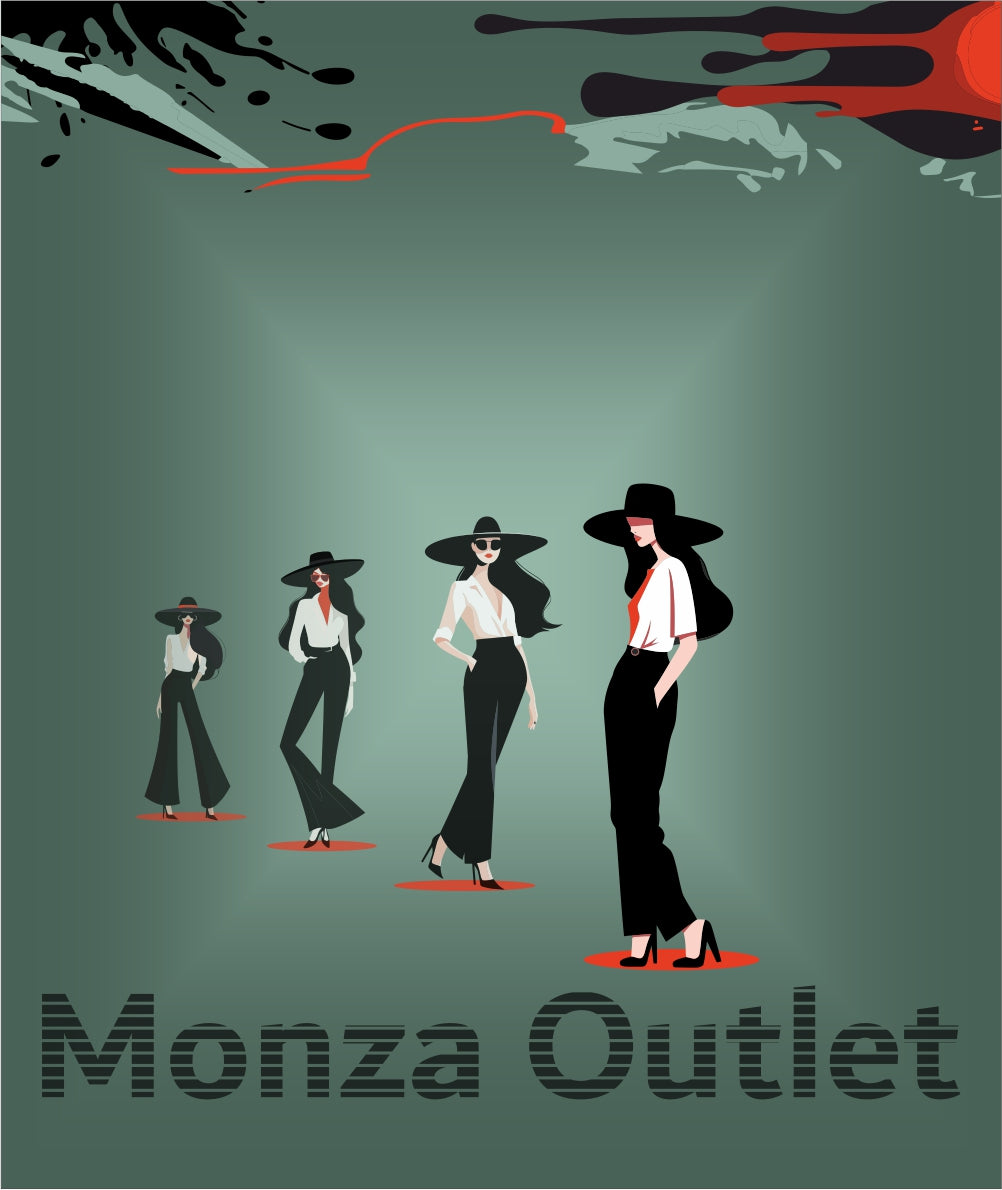 Illustration of women in black and white outfits with hats on a green background, featuring the Monza Outlet logo. Monza Outlet, Monza Fashion, Shein Outlet  