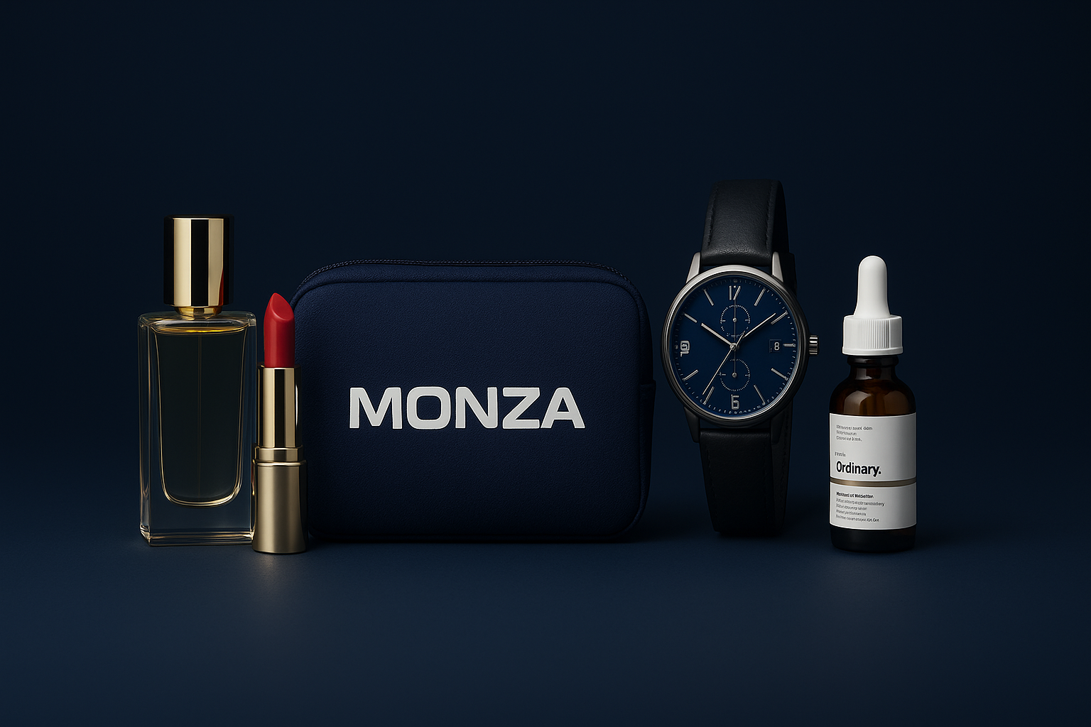 Collection of beauty and lifestyle products including a perfume bottle, lipstick, watch, and skincare product on a dark background with 'MONZA' branding. Monza fashion outlet, monza outlet, shein outlet, shien outlet cosmetics, makeup, perfume