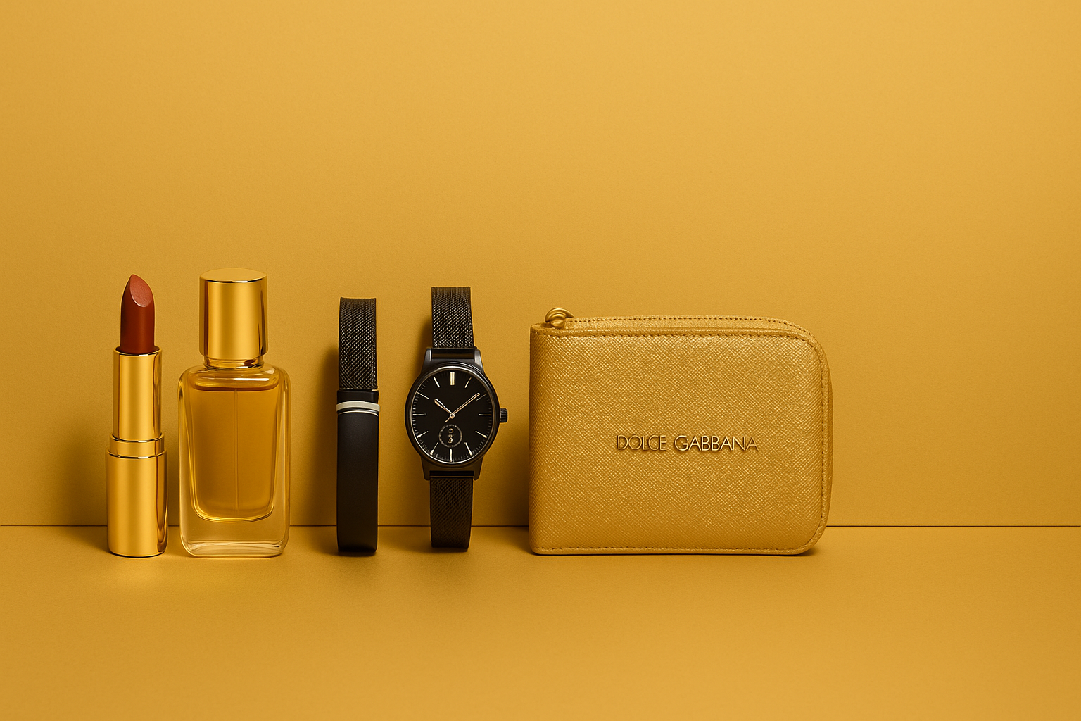 Collection of beauty products including a gold case, bottles, and a brush on a purple background Monza fashion outlet, monza outlet, shein outlet, shien outlet cosmetics, makeup, perfume