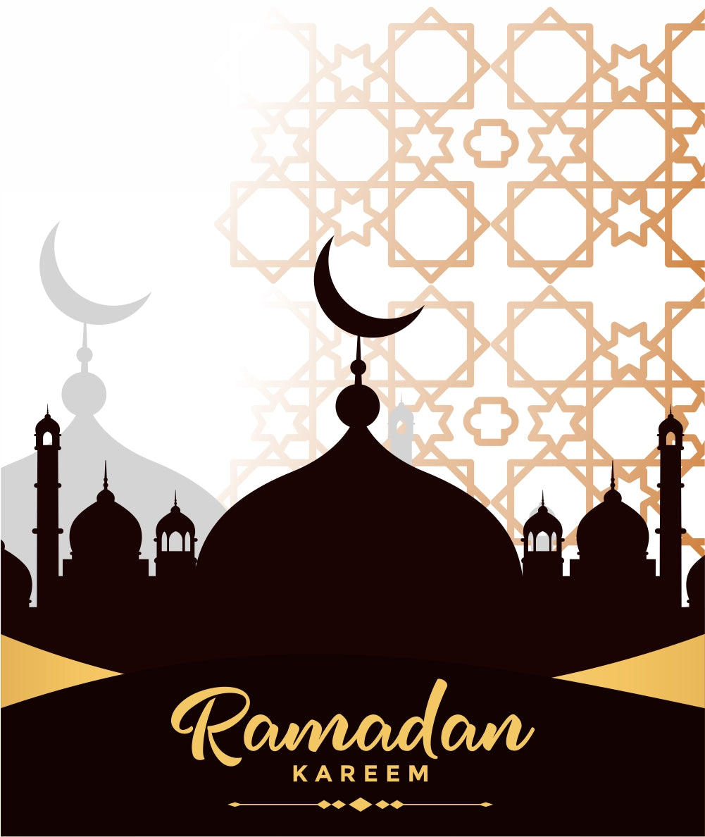 Decorative design with Islamic patterns, domes, and Ramadan Kareem text on a white background. Monza Outlet, Monza Fashion, Shein Outlet