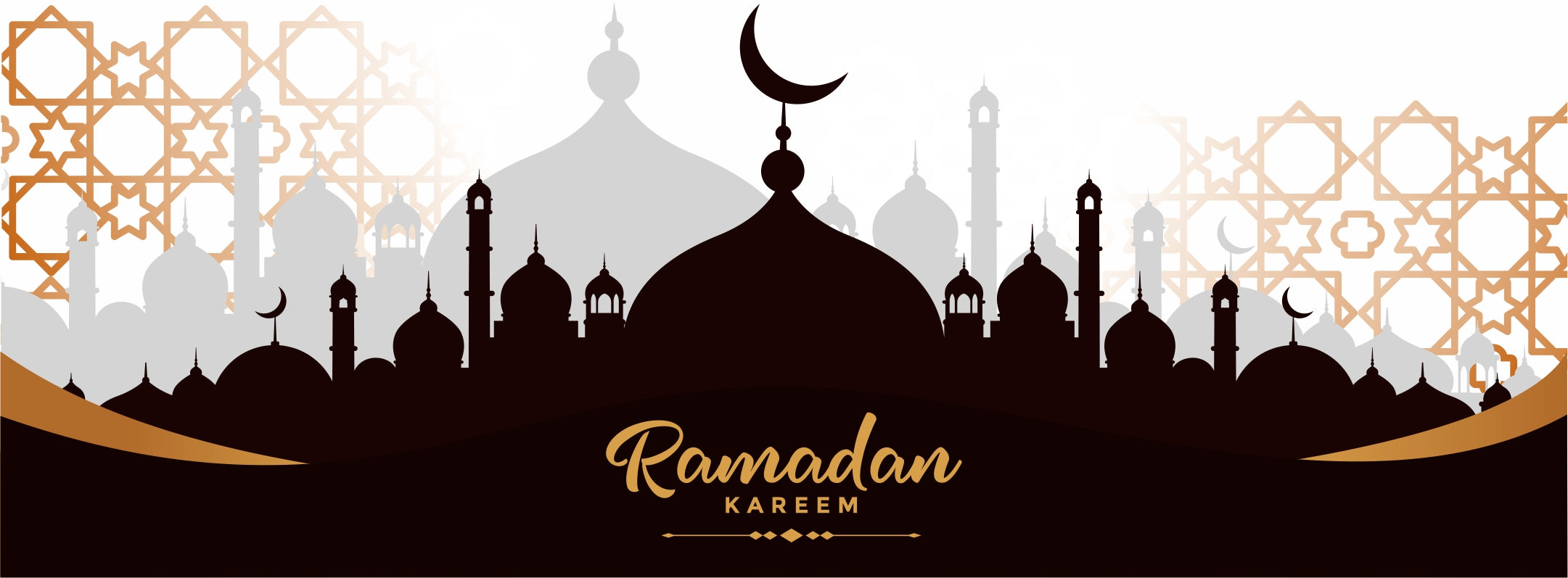 Silhouette of a mosque with decorative elements and Ramadan Kareem text on a black background.   Monza Outlet, Monza Fashion, Shein Outlet