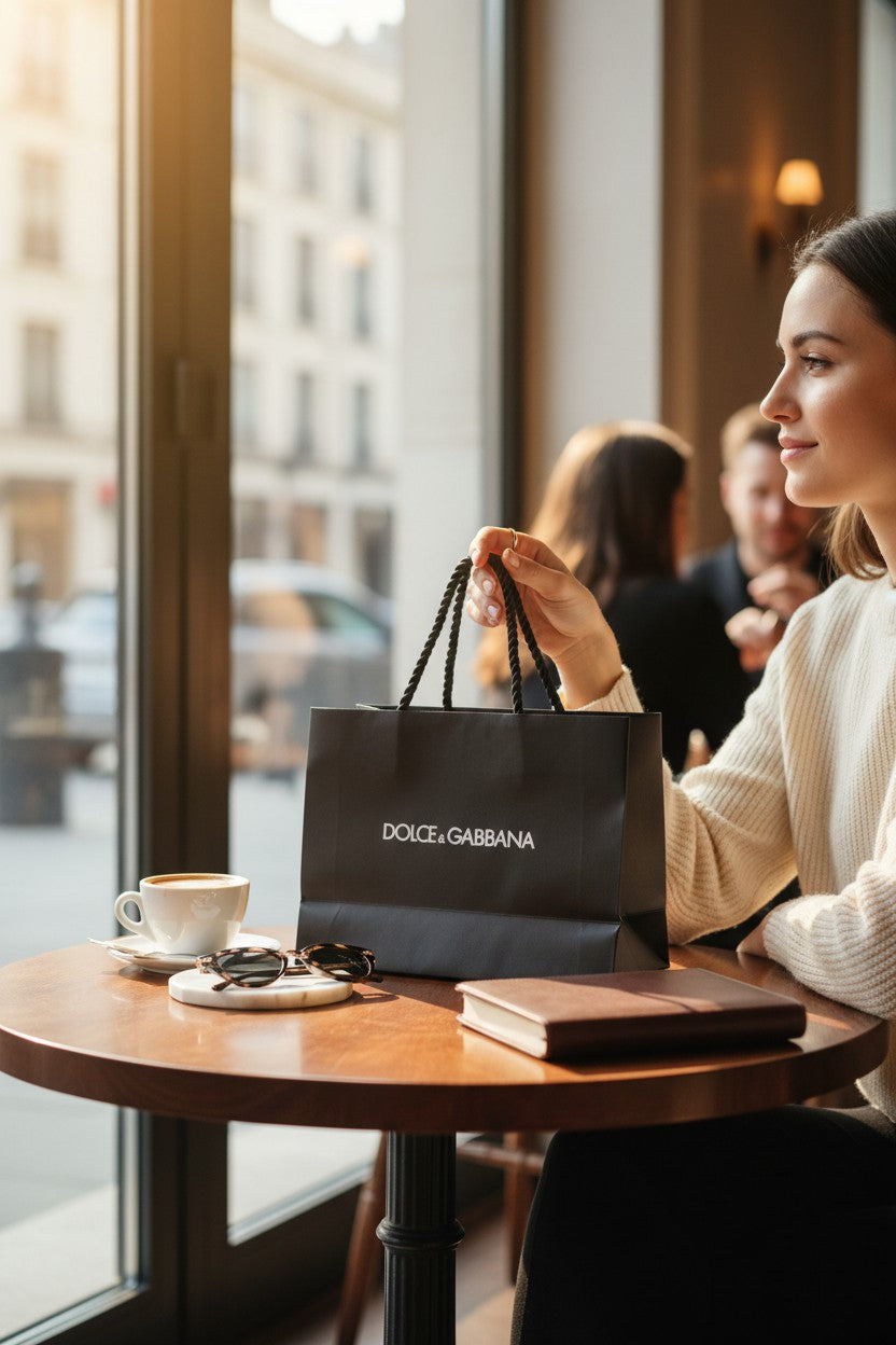 Woman holding a Dolce & Gabbana shopping bag in a cafe setting. Dolce Gabbana, Monza Outlet, Monza Fashion, Shein Outlet 