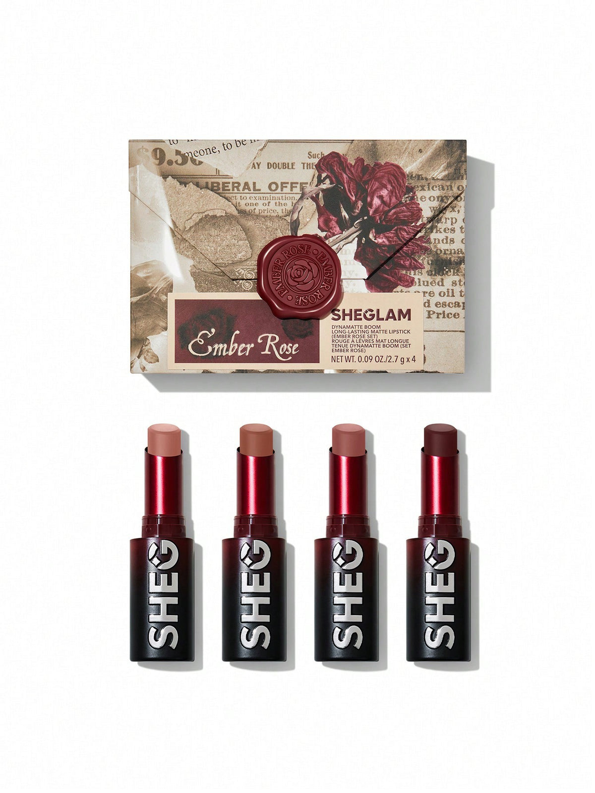 Set of four lipsticks with a decorative box labeled SHEGLAM on a white background. Sheglam, Monza Outlet, Monza Fashion, Shein Outlet