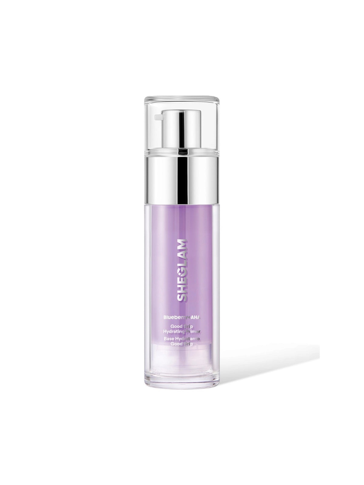 Sheglam Smooth Skin Face Serum in a clear cylindrical bottle with a silver pump and a light purple liquid inside, set against a plain white background. Sheglam , Monza Outlet, Monza Fashion, Shein Outlet