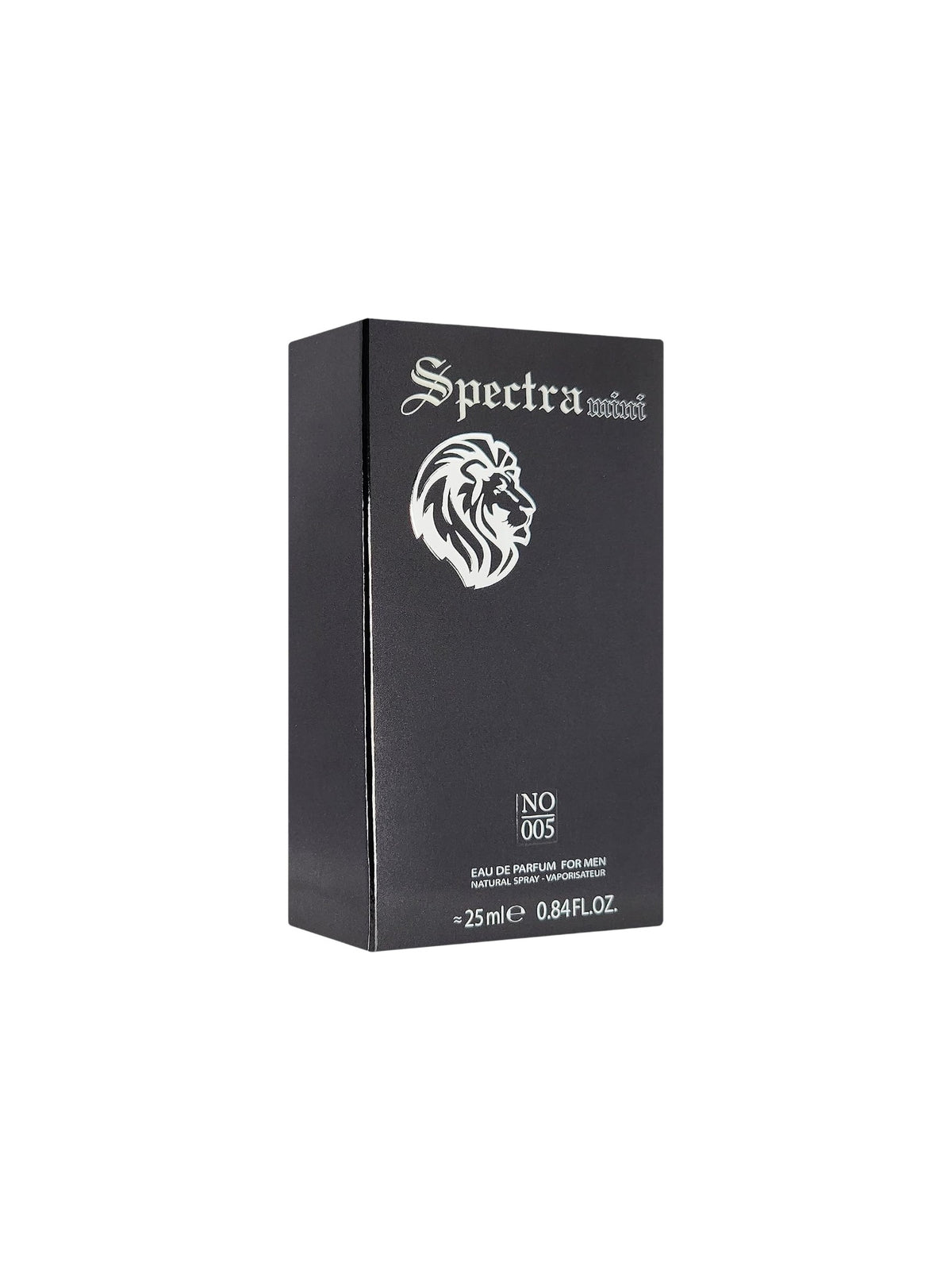 Spectra No. 005 Eau de Parfum for Men in a black rectangular box with a white lion head logo and gothic lettering, shown on a plain white background. Spectra Mini, Monza Outlet, Monza Fashion, Shein Outlet