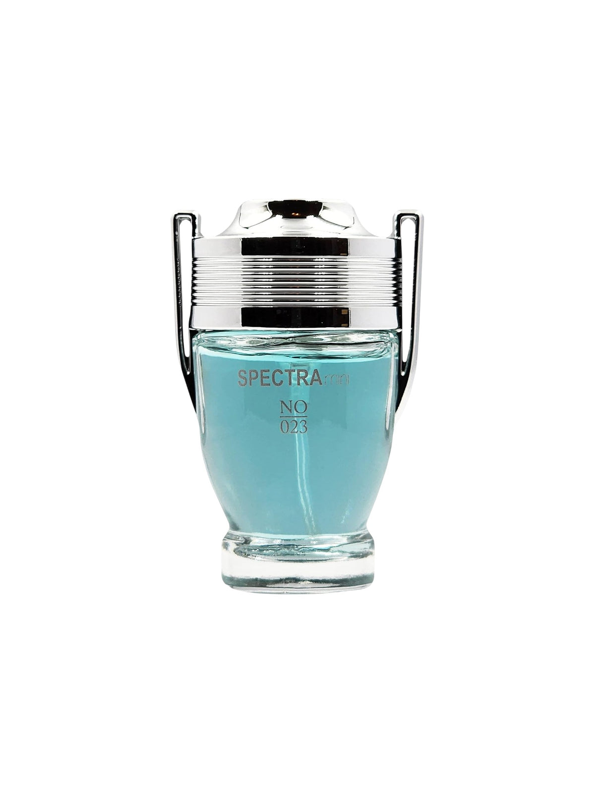 Spectra No. 023 cologne bottle by Pacman, featuring a clear glass body filled with light blue liquid, a silver metallic ribbed cap, and side handles, set against a plain white background. Spectra Mini, Monza Outlet, Monza Fashion, Shein Outlet