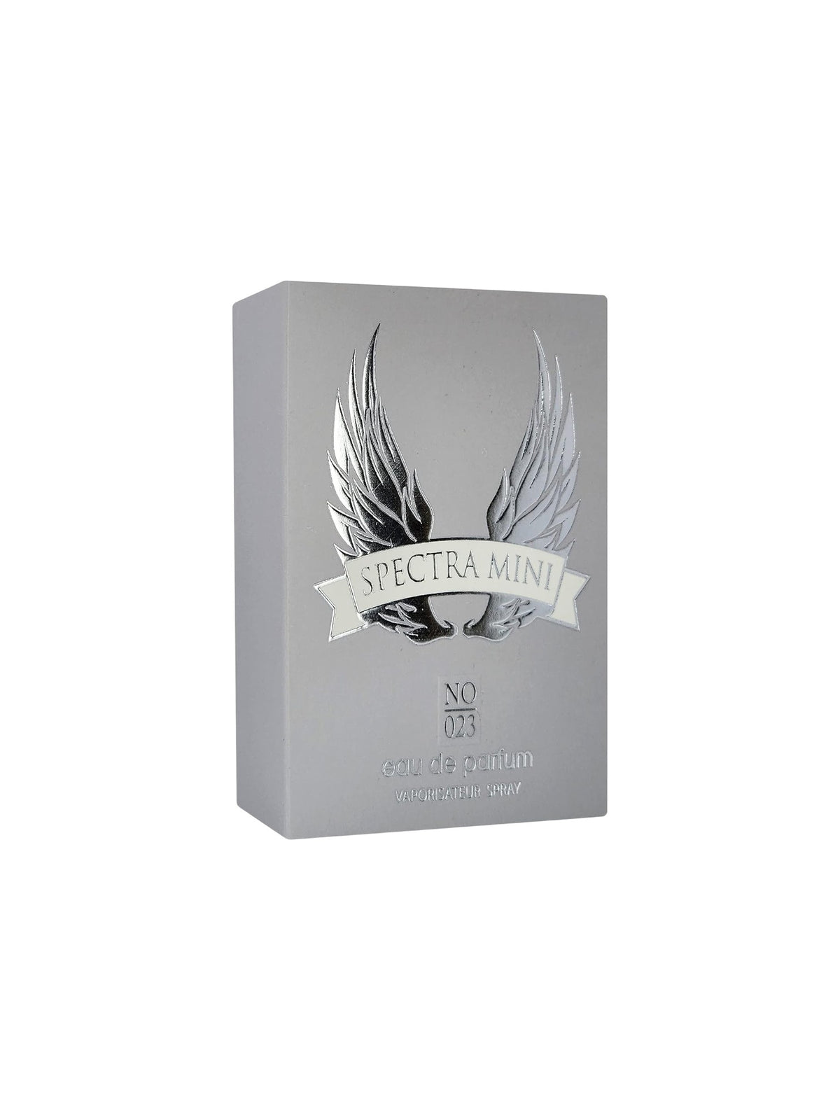 Spectra Mini No. 073 cologne box by 24/7 Life Premium, featuring a metallic silver design with a winged emblem and a banner reading SPECTRA MINI. Spectra Mini, Monza Outlet, Monza Fashion, Shein Outlet