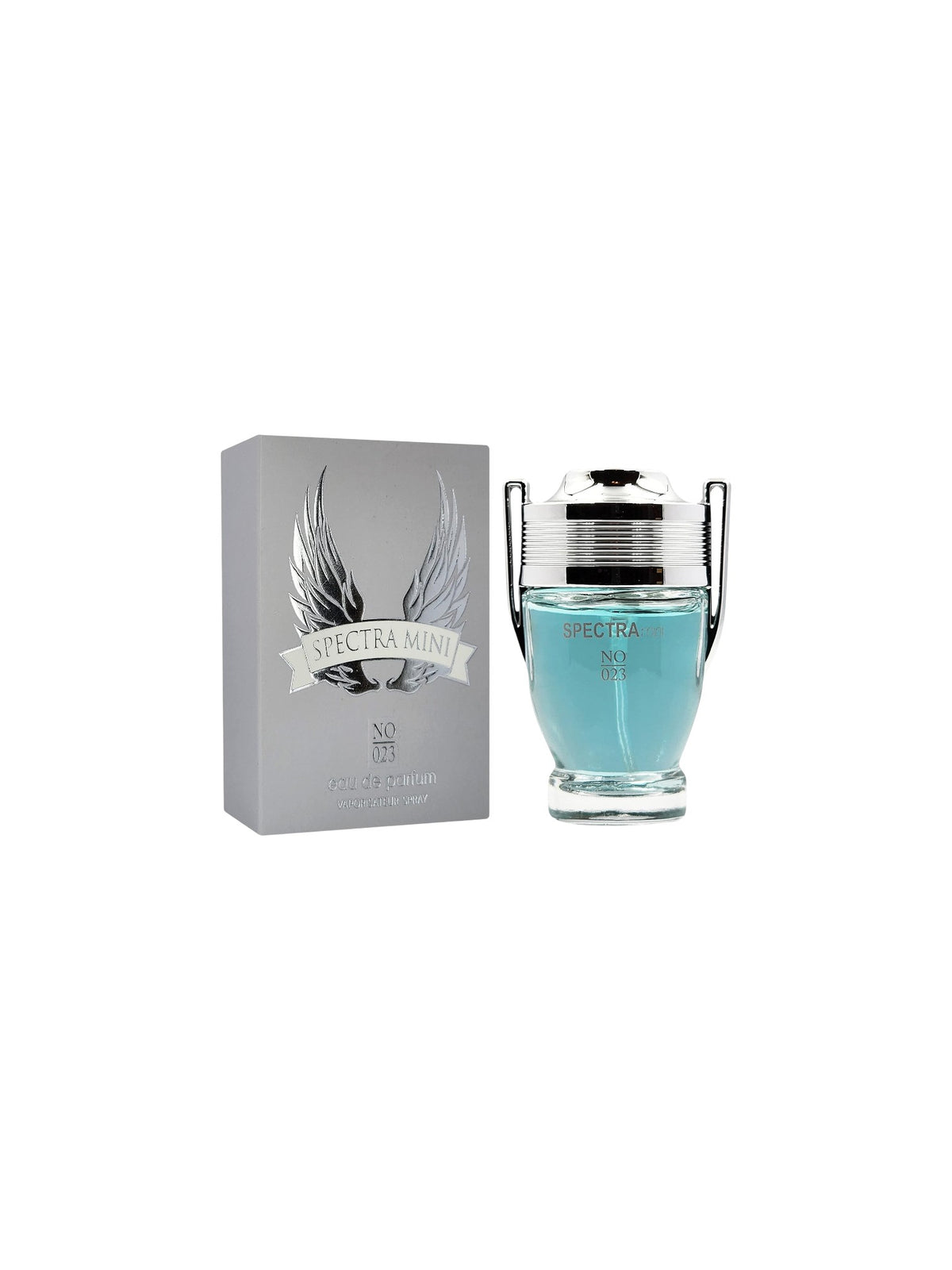 Spectra Man No. 1 cologne by Pacman, featuring a light blue glass bottle with silver handles and a matching gray packaging box with a wing graphic. Spectra Mini, Monza Outlet, Monza Fashion, Shein Outlet