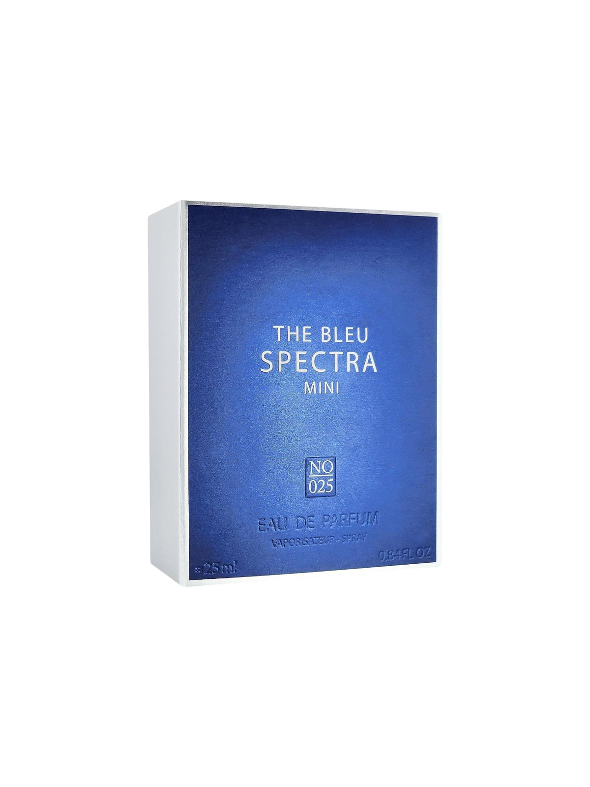 The Bleu Spectra Mini Eau de Parfum box, featuring a textured blue front panel with white lettering and a white side panel, shown on a plain white background. Spectra Mini, Monza Outlet, Monza Fashion, Shein Outlet