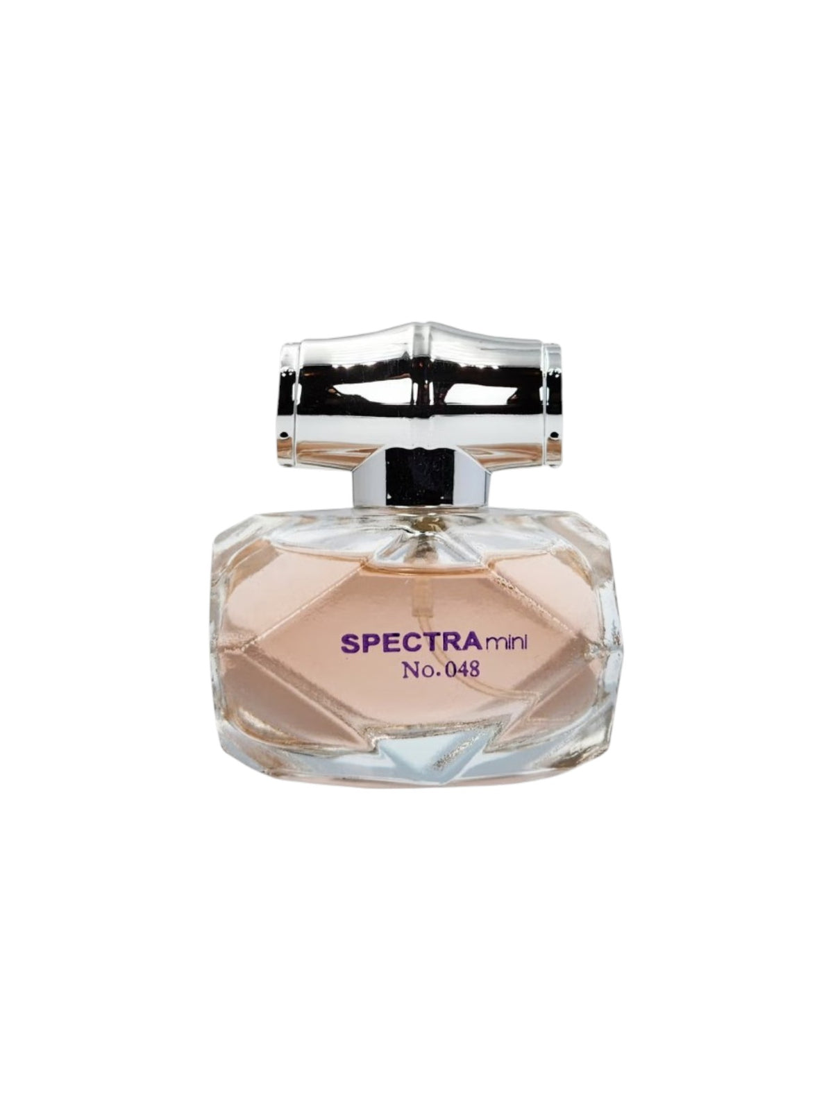 Spectra Mini No. 048 perfume bottle with a faceted clear glass body showing a light peach-pink liquid, a silver cap, and purple text on the front, set against a plain white background. Spectra Mini, Monza Outlet, Monza Fashion, Shein Outlet