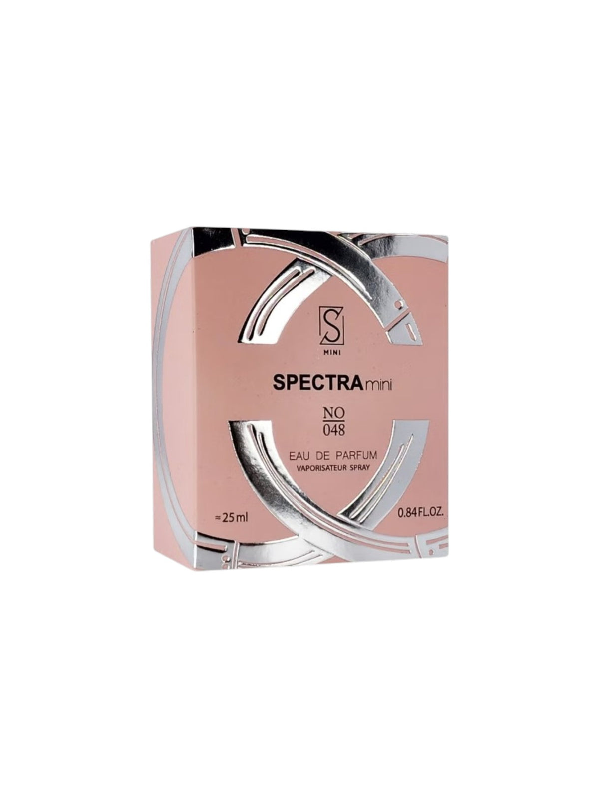 Spectra Mini No. 048 Eau de Parfum spray box in a soft pink color with metallic silver accents, shown on a plain white background. Spectra Mini, Monza Outlet, Monza Fashion, Shein Outlet