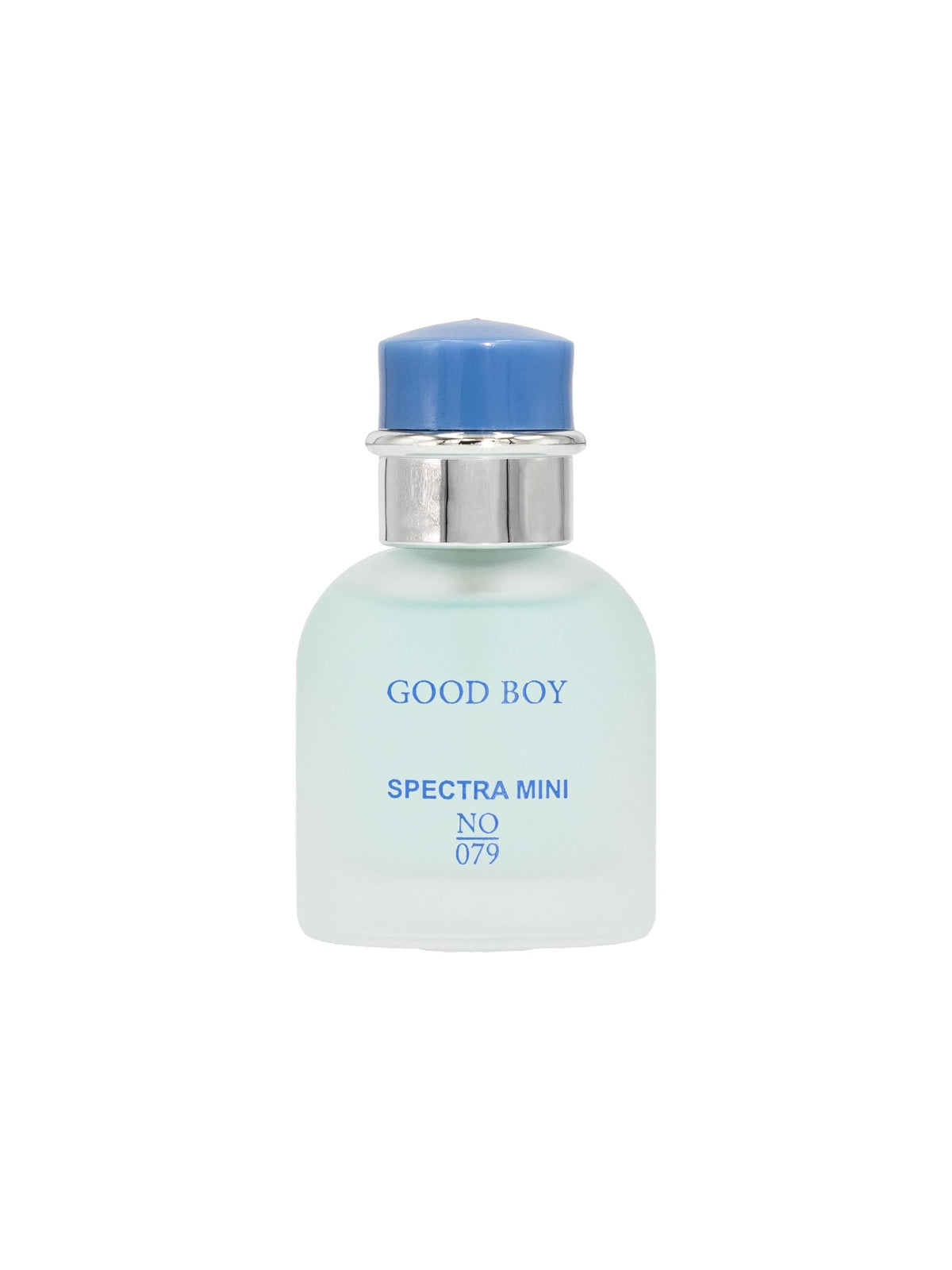 A bottle of Good Boy Spectra Mini No. 079 fragrance, featuring a frosted pale green bottle with a metallic silver neck and a blue cap, set against a plain white background. Spectra Mini, Monza Outlet, Monza Fashion, Shein Outlet