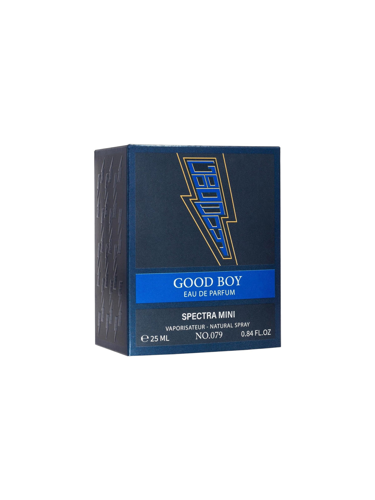 Spectra Mini Good Boy Eau de Parfum box, 25 ml, featuring a dark blue and black design with a blue and gold lightning bolt logo. Spectra Mini, Monza Outlet, Monza Fashion, Shein Outlet