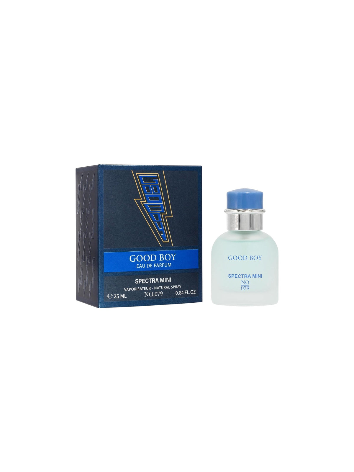 Spectra Mini Good Boy Eau de Parfum bottle and its dark blue packaging box on a plain white background. Spectra Mini, Monza Outlet, Monza Fashion, Shein Outlet