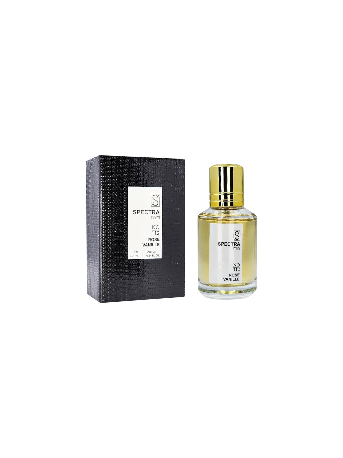 Spectra 709 Vanille perfume bottle with a gold cap next to its textured black packaging box, on a plain white background. Spectra Mini, Monza Outlet, Monza Fashion, Shein Outlet