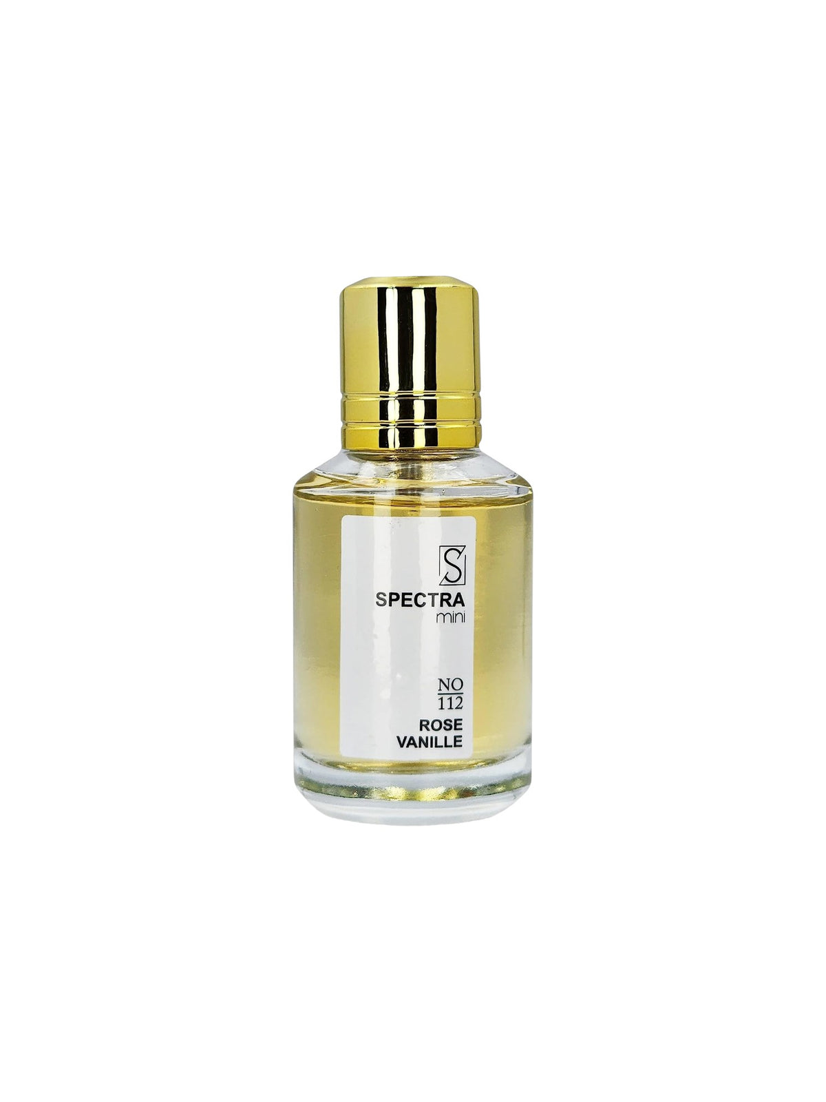 A bottle of Spectra Men No. 112 Rose Vanille fragrance, featuring a clear glass bottle filled with pale yellow liquid, a metallic gold cap, and a white label with black text, set against a plain white background. Spectra Mini, Monza Outlet, Monza Fashion, Shein Outlet