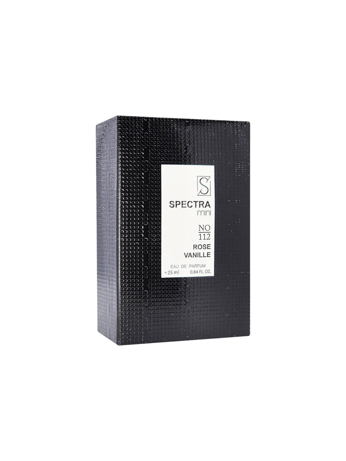 Spectra No.112 Rose Vanille Eau de Parfum box, featuring a textured black exterior and a white label with black text, set against a plain white background. Spectra Mini, Monza Outlet, Monza Fashion, Shein Outlet