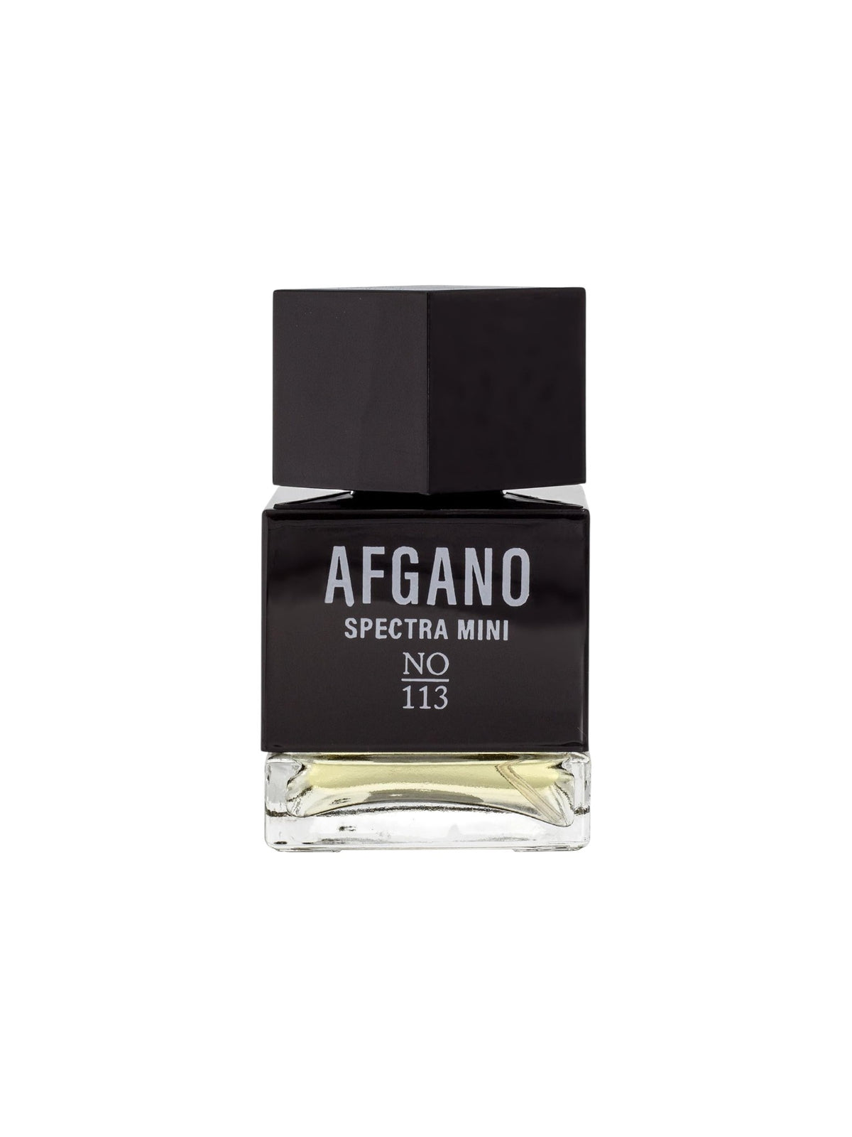Afgano Spectra Mini No 113 perfume bottle with a black cap and black label, featuring a clear glass base showing a light yellow liquid inside, set against a plain white background. Spectra Mini, Monza Outlet, Monza Fashion, Shein Outlet