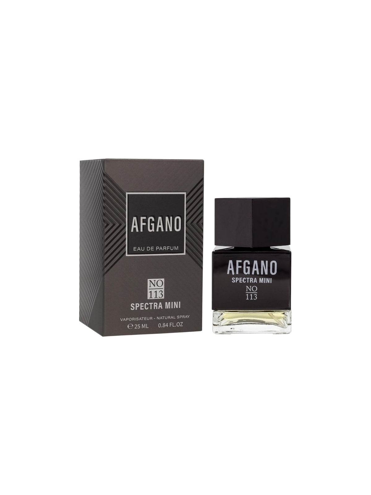 A bottle of AFGANO Spectra Mini Eau de Parfum next to its dark brown packaging box, set against a plain white background. Spectra Mini, Monza Outlet, Monza Fashion, Shein Outlet