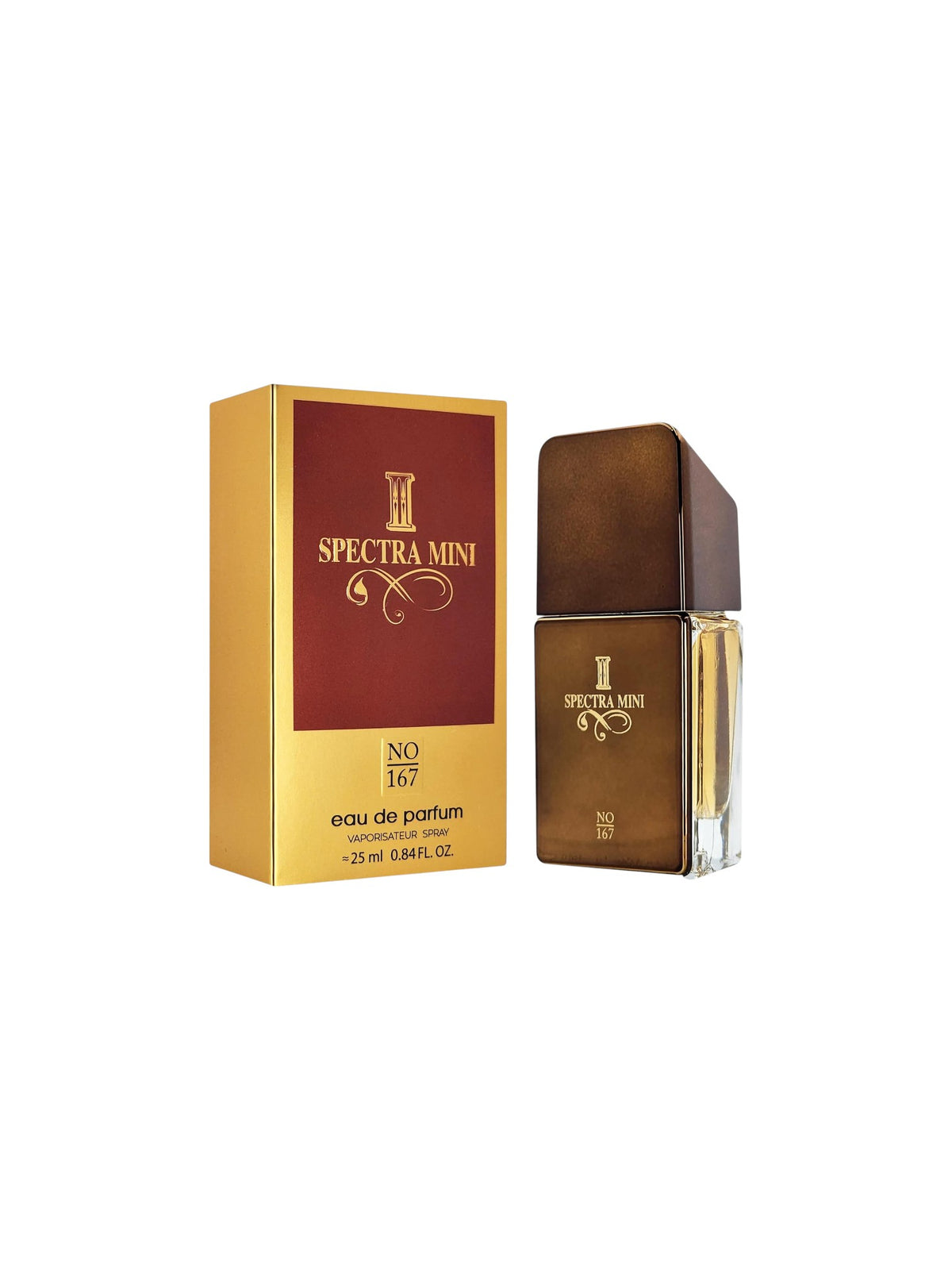 Spectra Mini No. 167 Eau de Parfum bottle and its gold and maroon packaging box, shown on a plain white background. Spectra Mini, Monza Outlet, Monza Fashion, Shein Outlet
