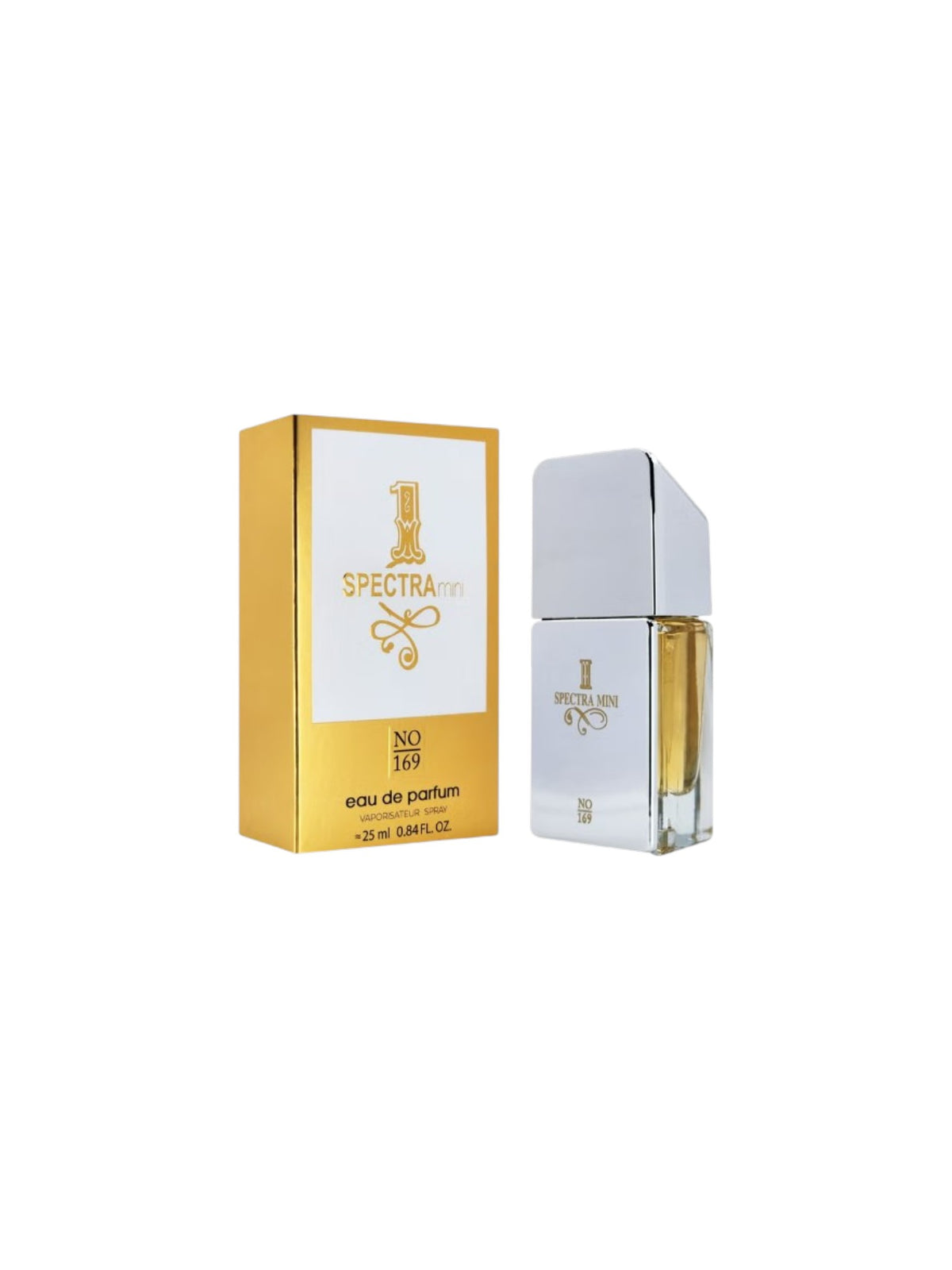 Spectra No. 1 Eau de Parfum bottle and its gold and white packaging box, displayed on a clean white background. Spectra Mini, Monza Outlet, Monza Fashion, Shein Outlet