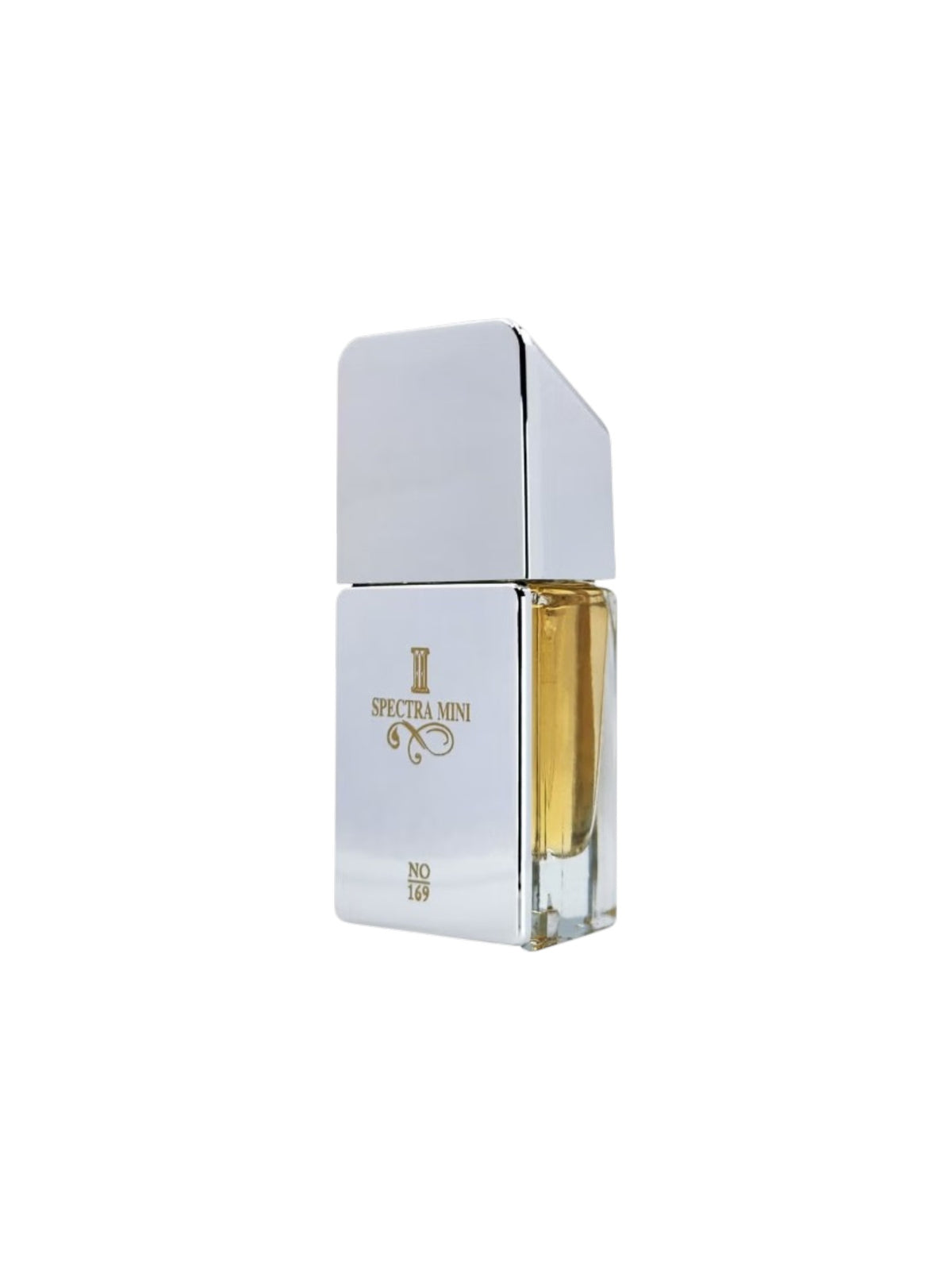 Spectra Mini SLS perfume bottle with a reflective silver cap and base, showcasing the amber colored fragrance liquid inside, set against a plain white background. Spectra Mini, Monza Outlet, Monza Fashion, Shein Outlet