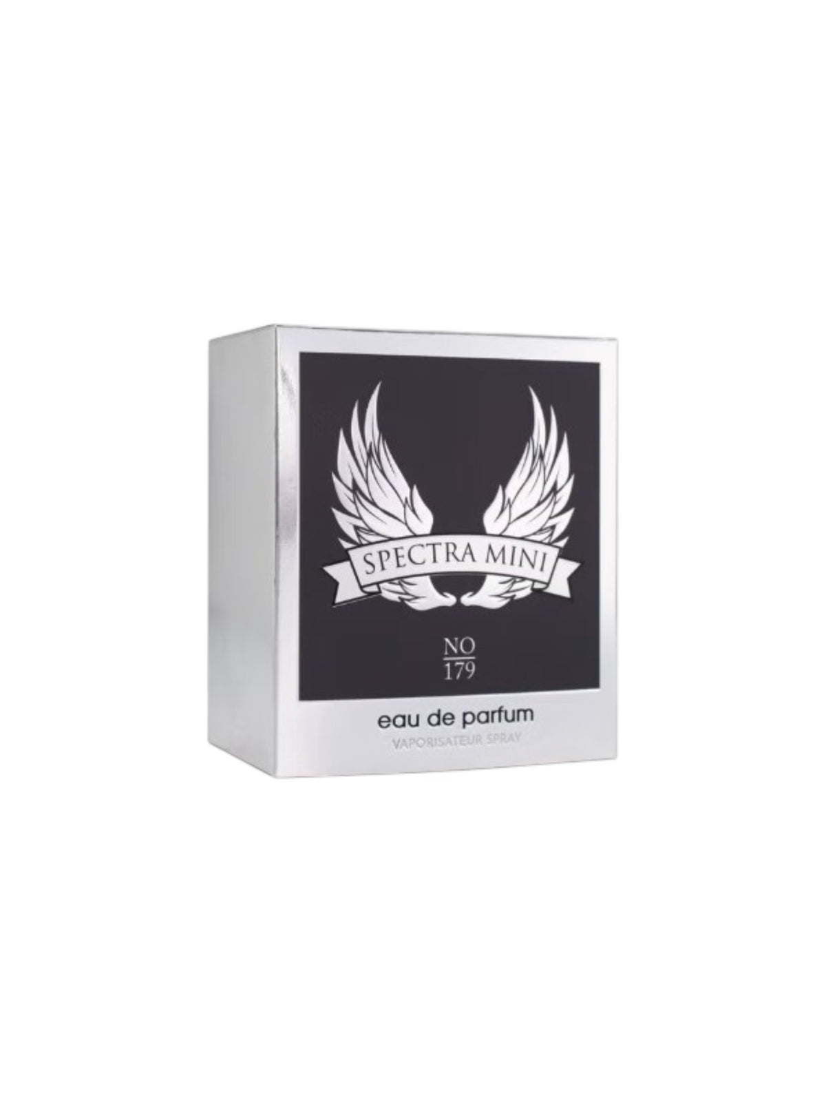 Spectra Mini Eau de Parfum box with a black and white design featuring angel wings and the text SPECTRA MINI, NO 179, and eau de parfum on a white background. Spectra Mini, Monza Outlet, Monza Fashion, Shein Outlet
